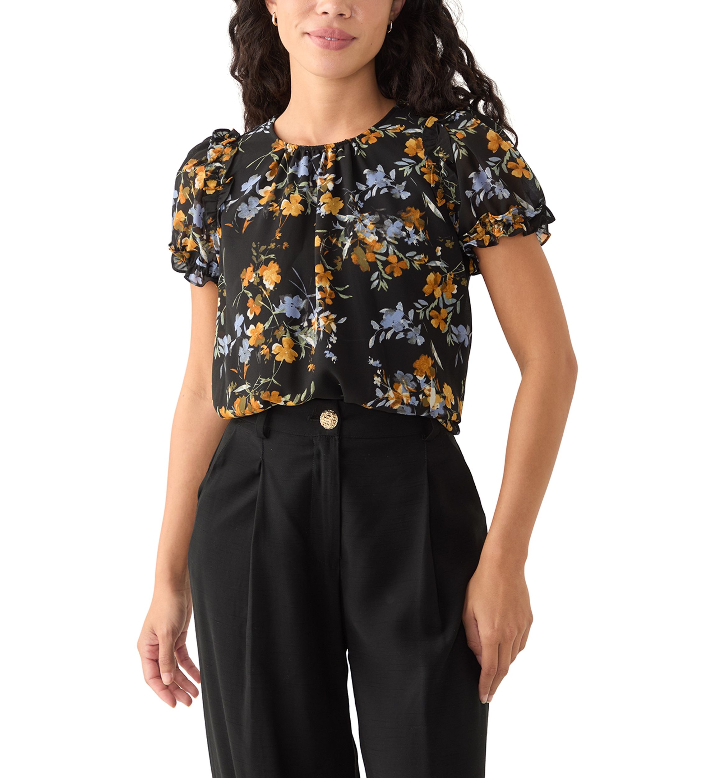 Petite Short Sleeve Round Hem Ruffle Top 