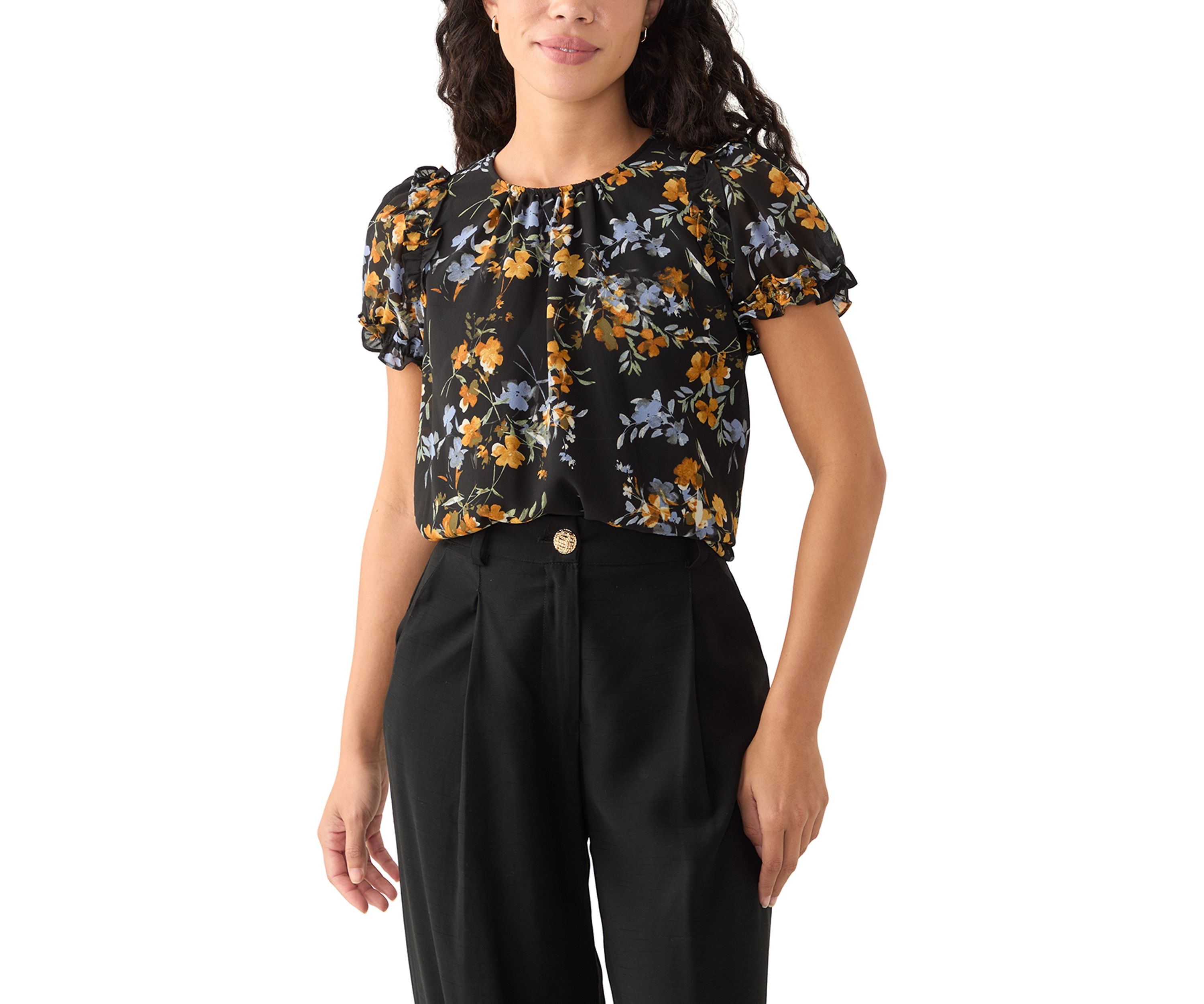 Petite Short Sleeve Round Hem Ruffle Top 