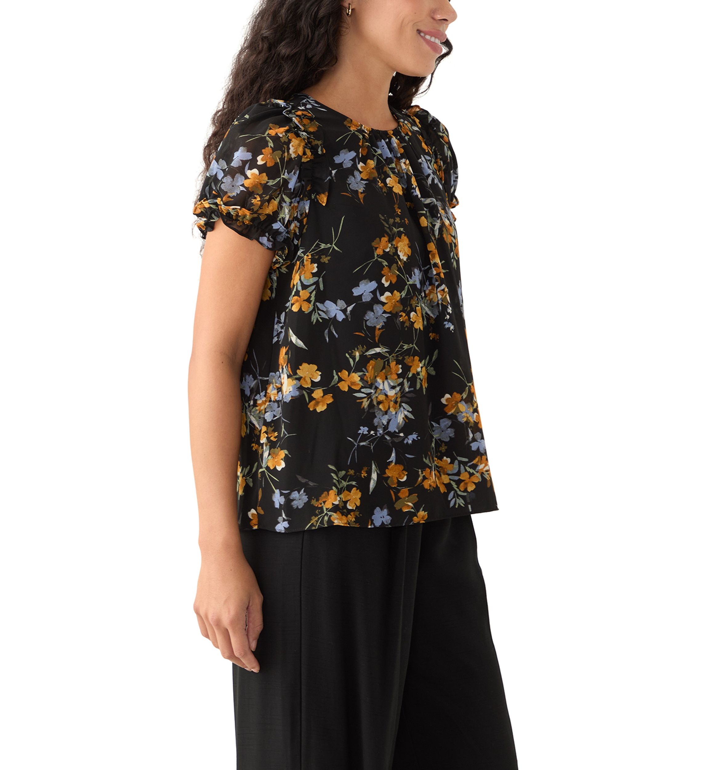 Petite Short Sleeve Round Hem Ruffle Top 