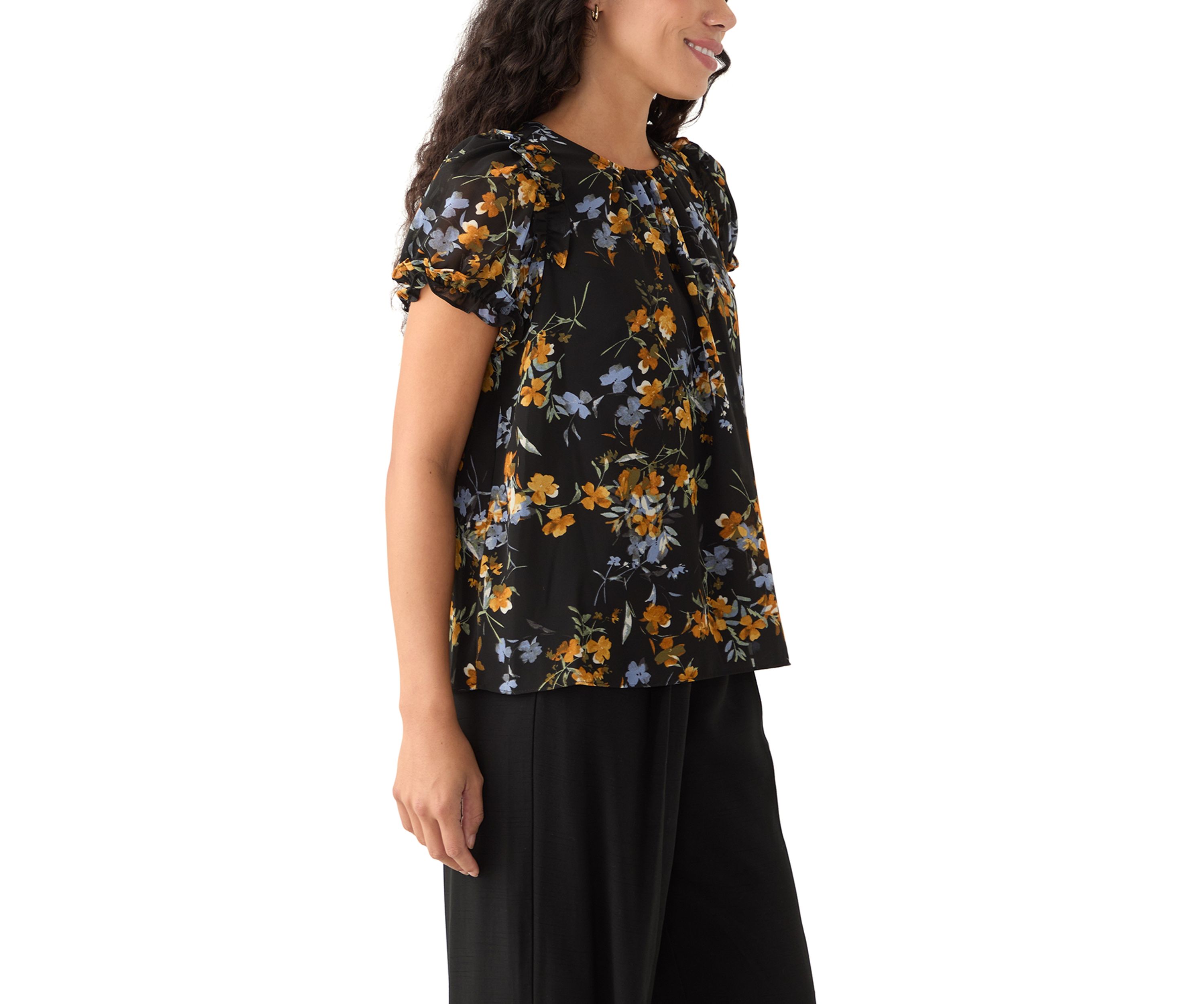 Petite Short Sleeve Round Hem Ruffle Top 