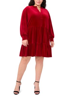 CeCe Women's Plus Size Long Sleeve Split Neck Velvet Babydoll Dress, Red, 2X