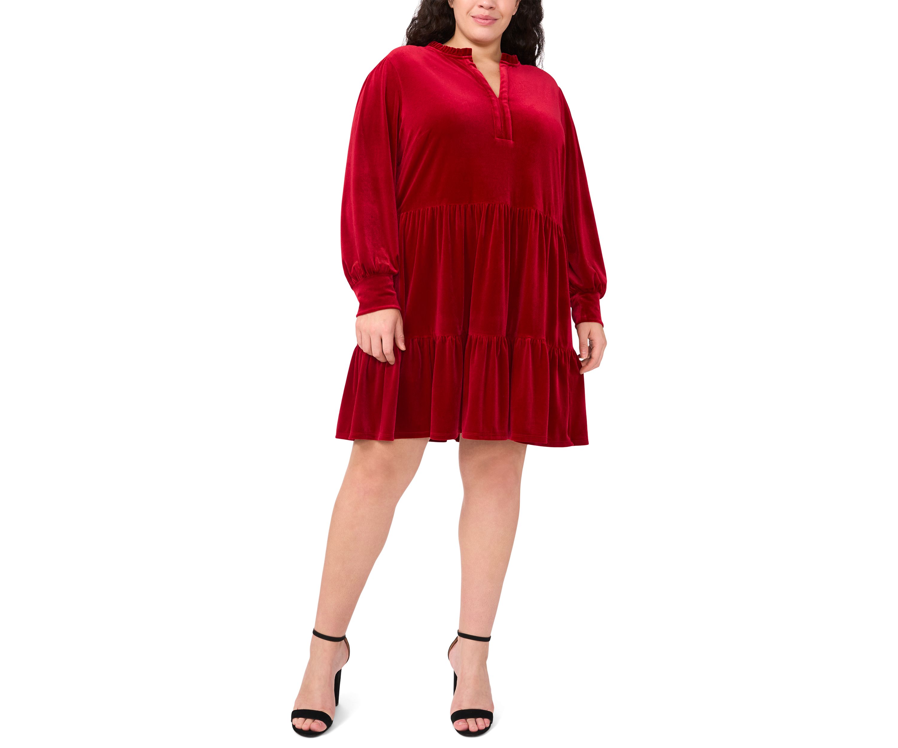 Plus Size Long Sleeve Split Neck Velvet Babydoll Dress