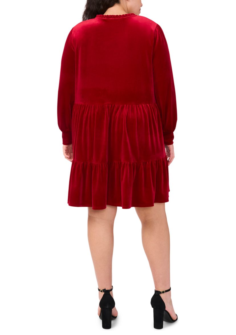 Plus Size Long Sleeve Split Neck Velvet Babydoll Dress