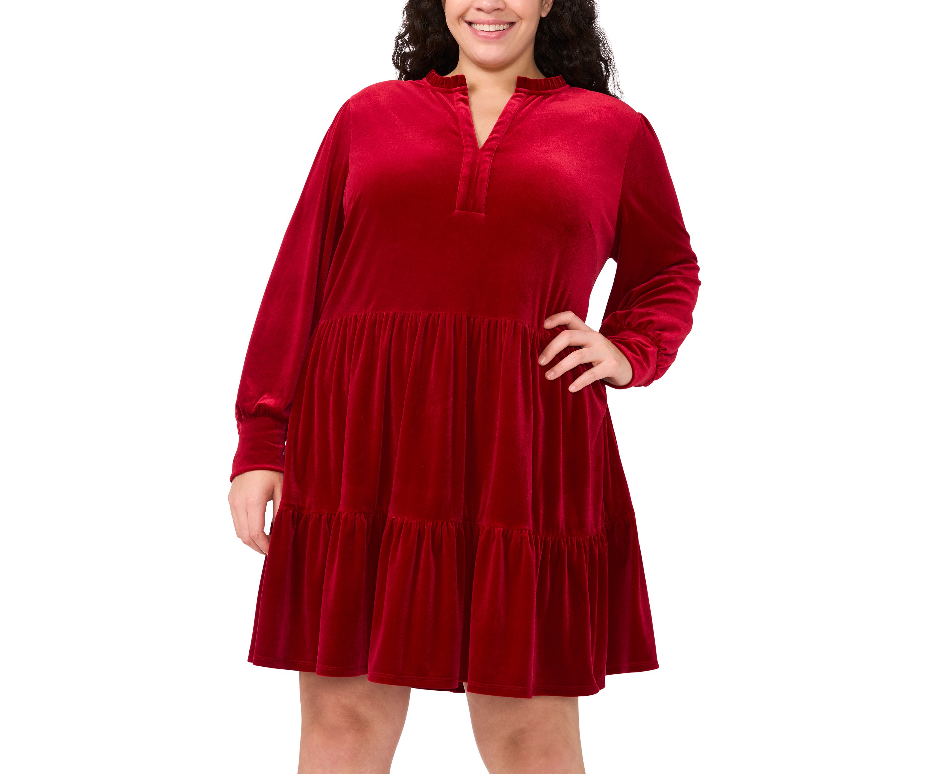 Plus Size Long Sleeve Split Neck Velvet Babydoll Dress