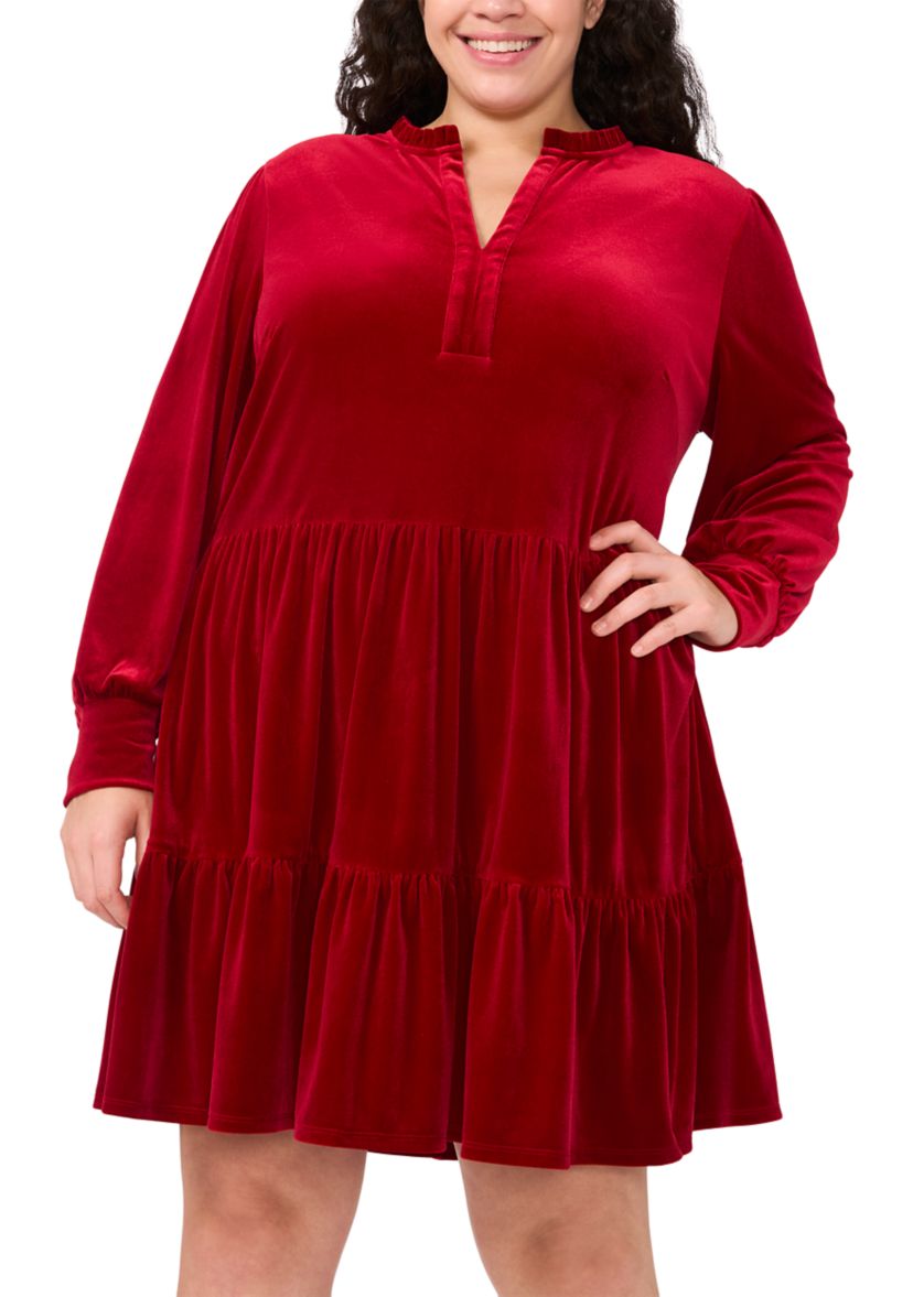 Plus Size Long Sleeve Split Neck Velvet Babydoll Dress