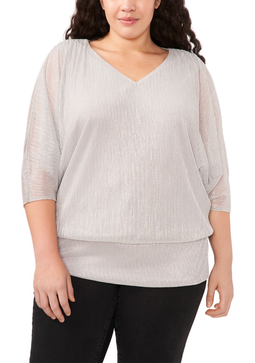 Plus Size V-Neck 3/4 Metallic Blouse