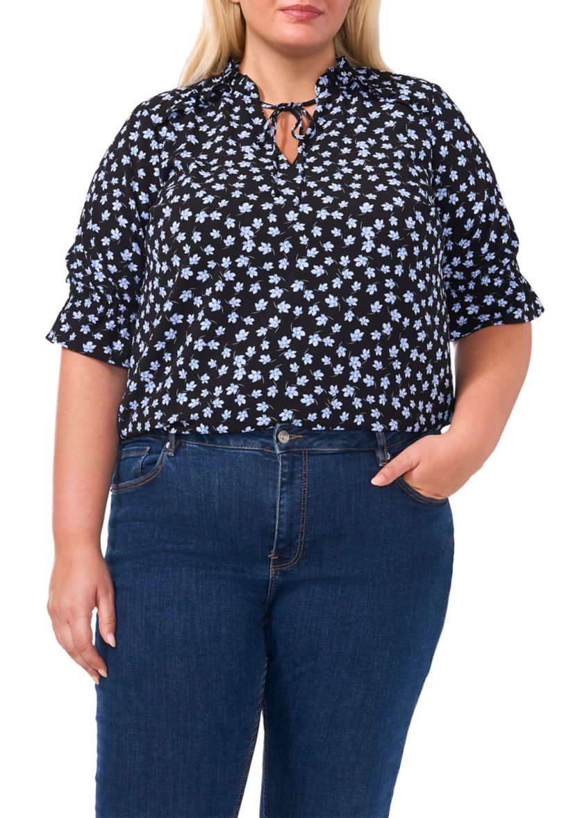Plus Size Tie Neck Clip Dot Blouse