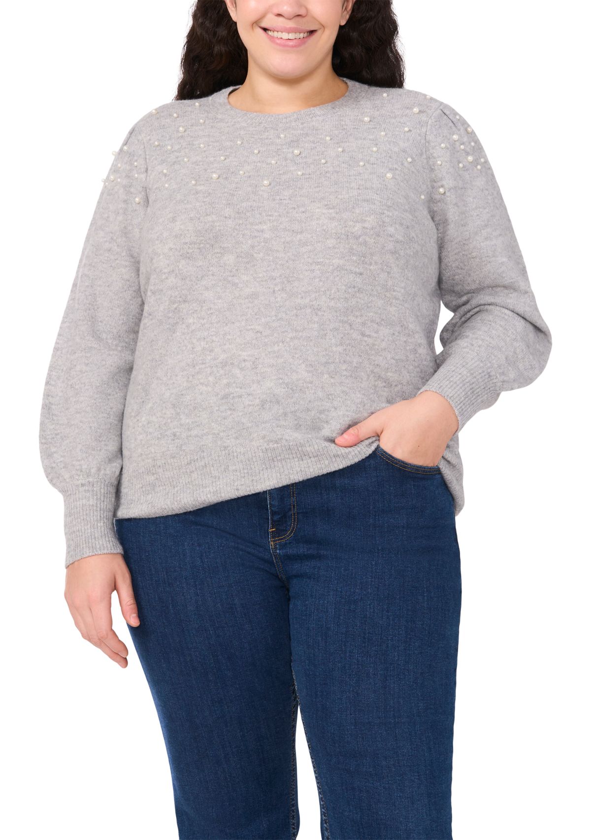 Plus Size Crew Neck Long Sleeve Pearl Embellished Sweater 