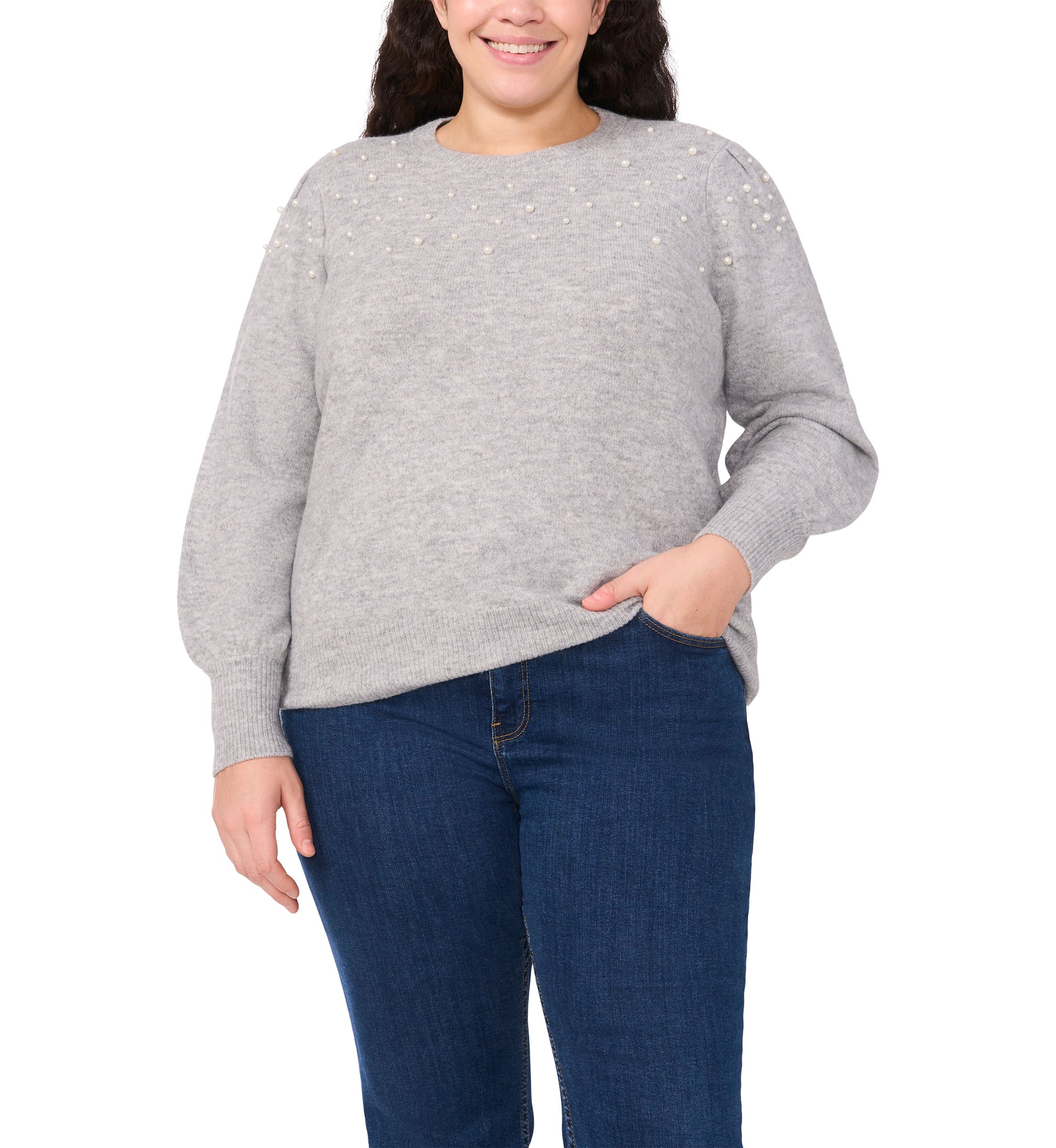 Plus Size Crew Neck Long Sleeve Pearl Embellished Sweater 