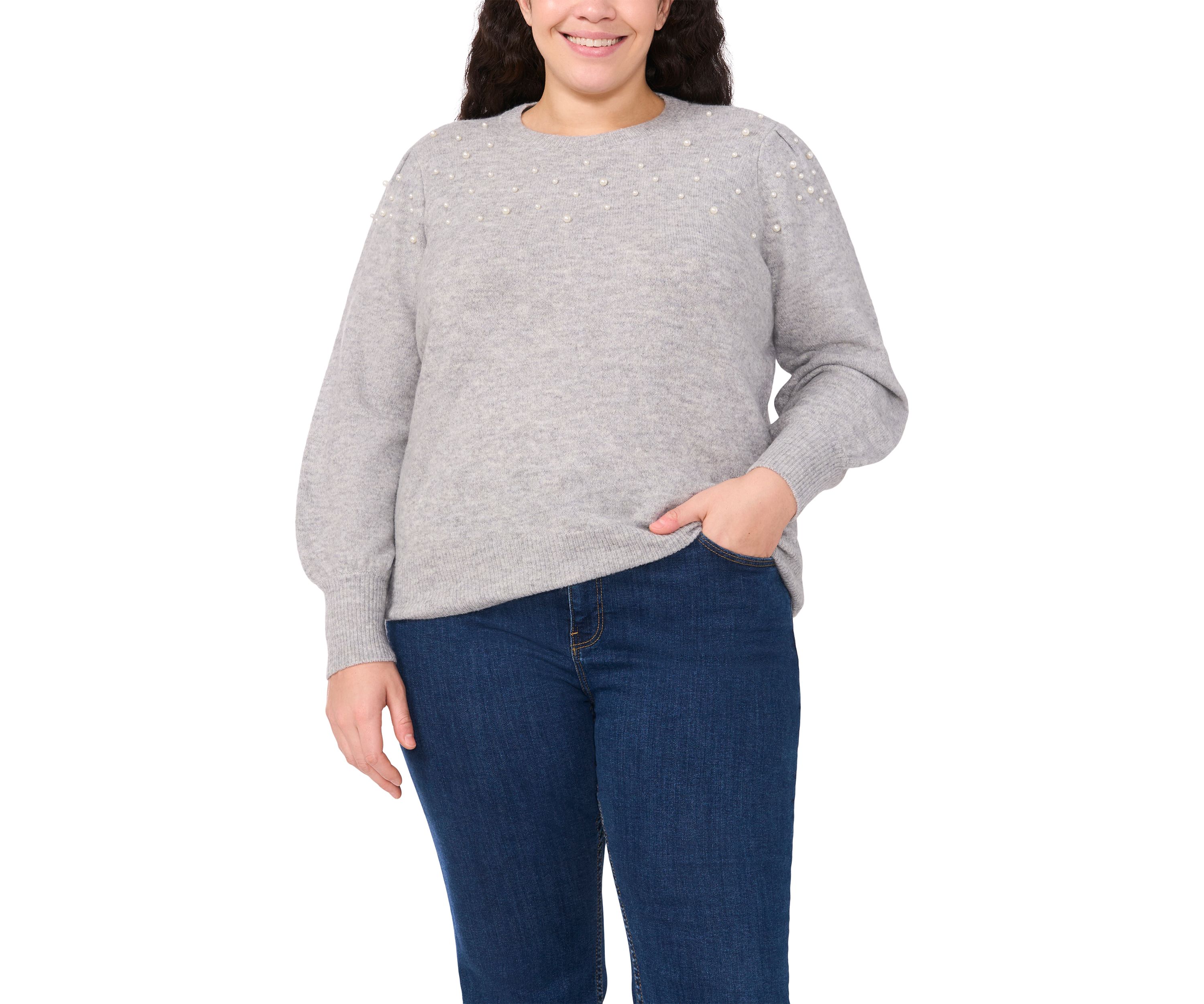 Plus Size Crew Neck Long Sleeve Pearl Embellished Sweater 