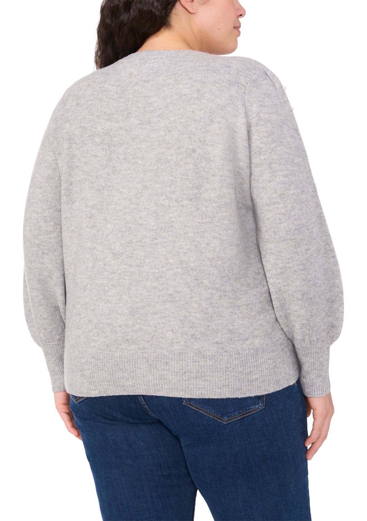 Plus Size Crew Neck Long Sleeve Pearl Embellished Sweater 