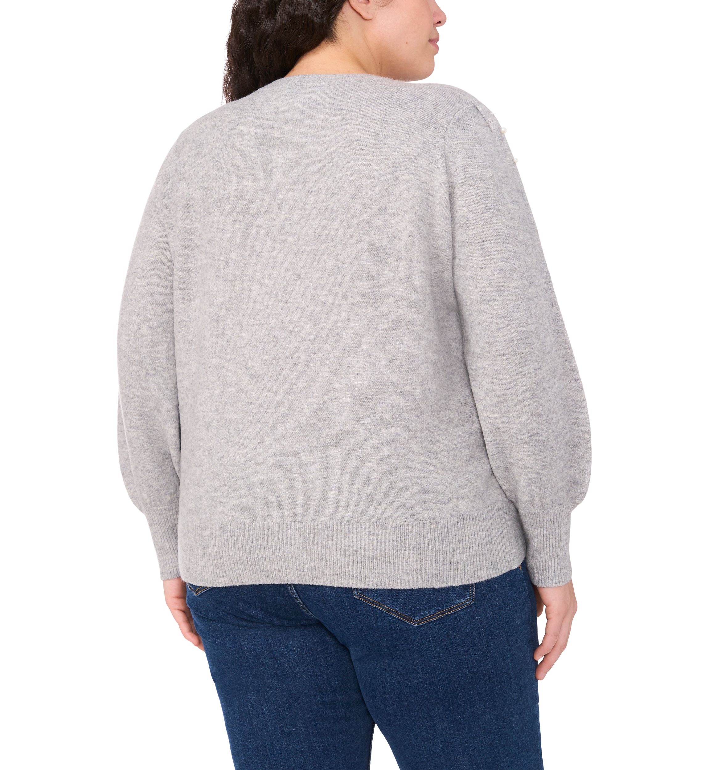 Plus Size Crew Neck Long Sleeve Pearl Embellished Sweater 