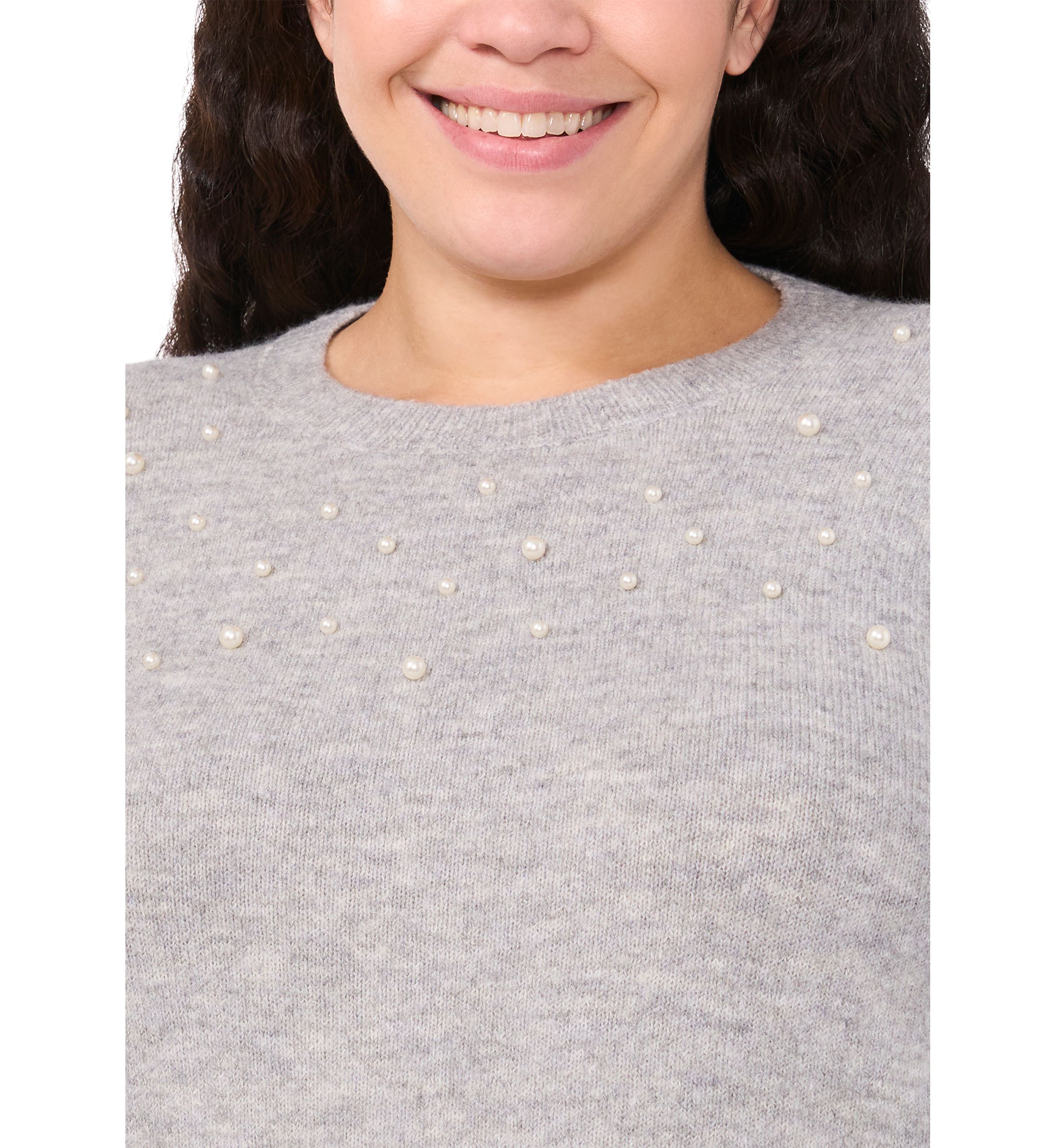 Plus Size Crew Neck Long Sleeve Pearl Embellished Sweater 