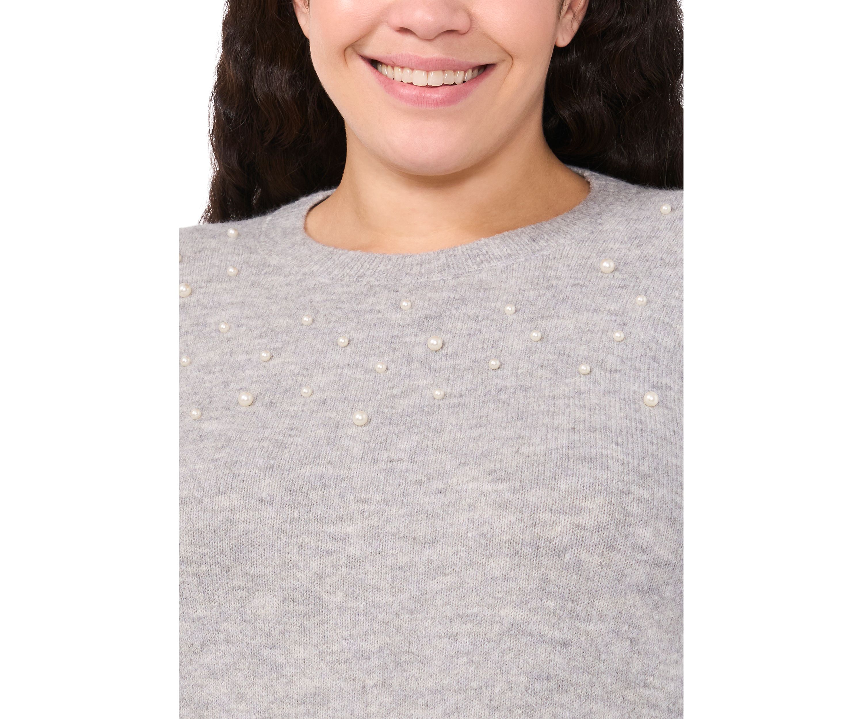 Plus Size Crew Neck Long Sleeve Pearl Embellished Sweater 