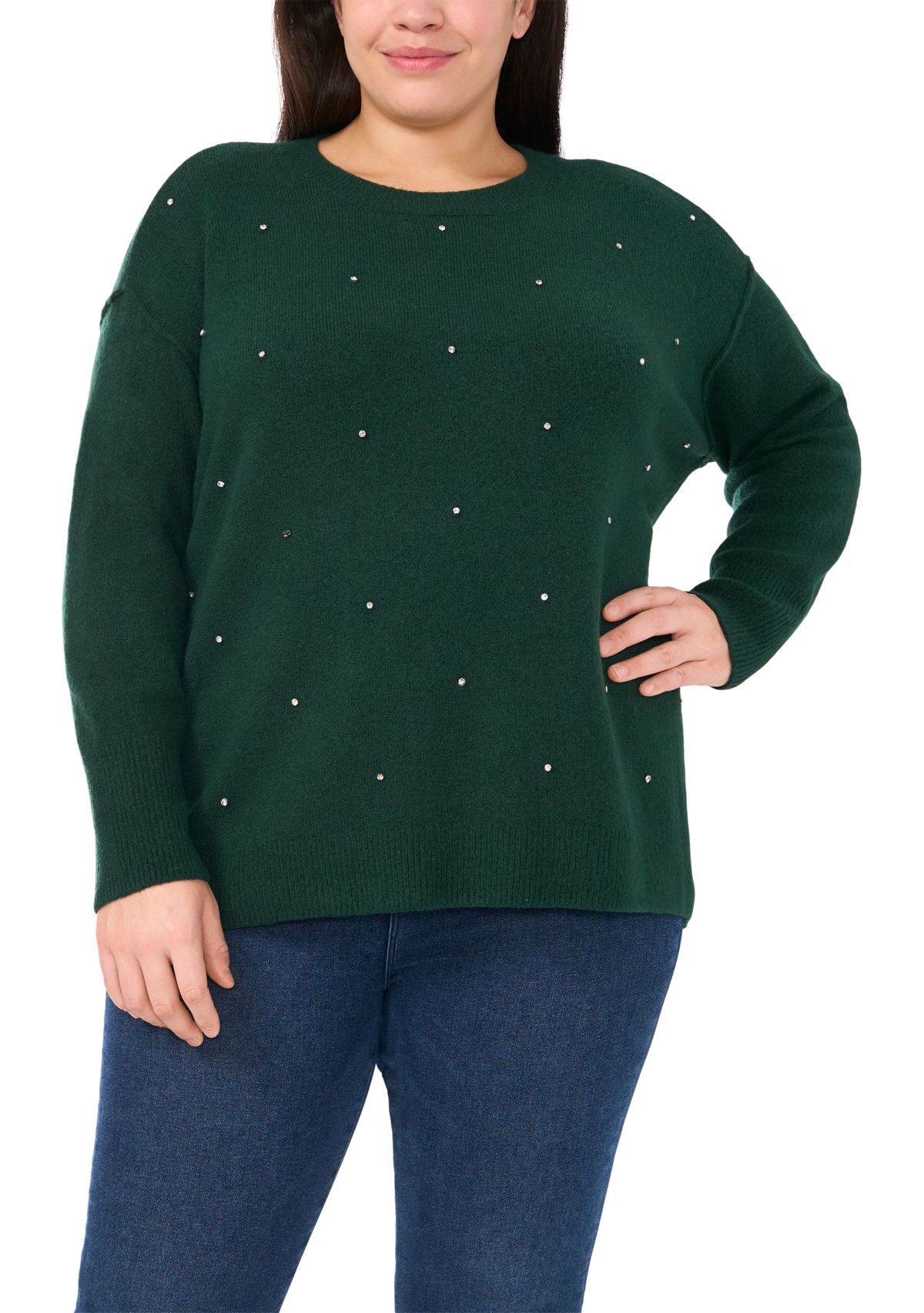 Plus Size Allover Rhinestone Crew Neck Sweater