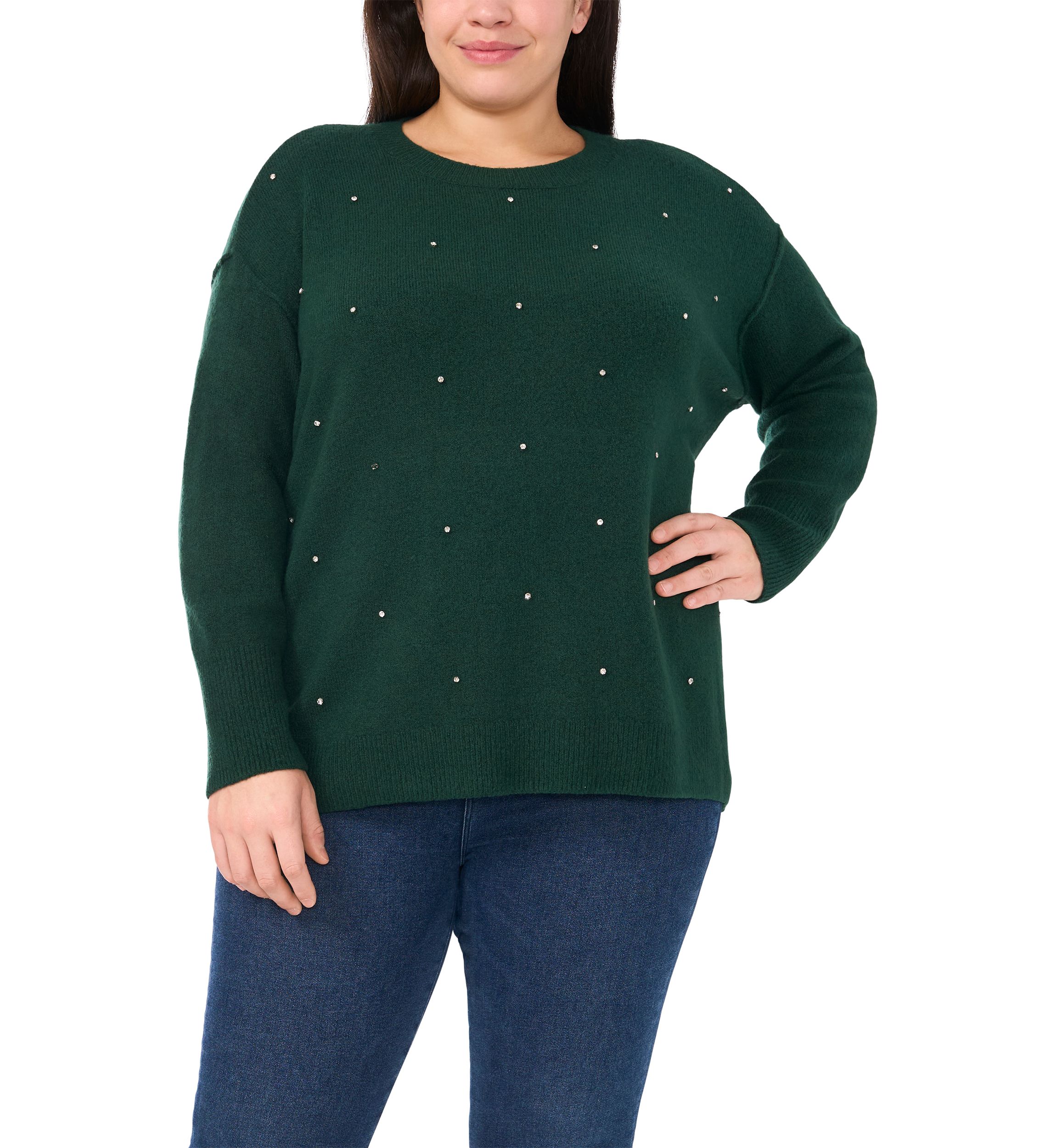 Plus Size Allover Rhinestone Crew Neck Sweater