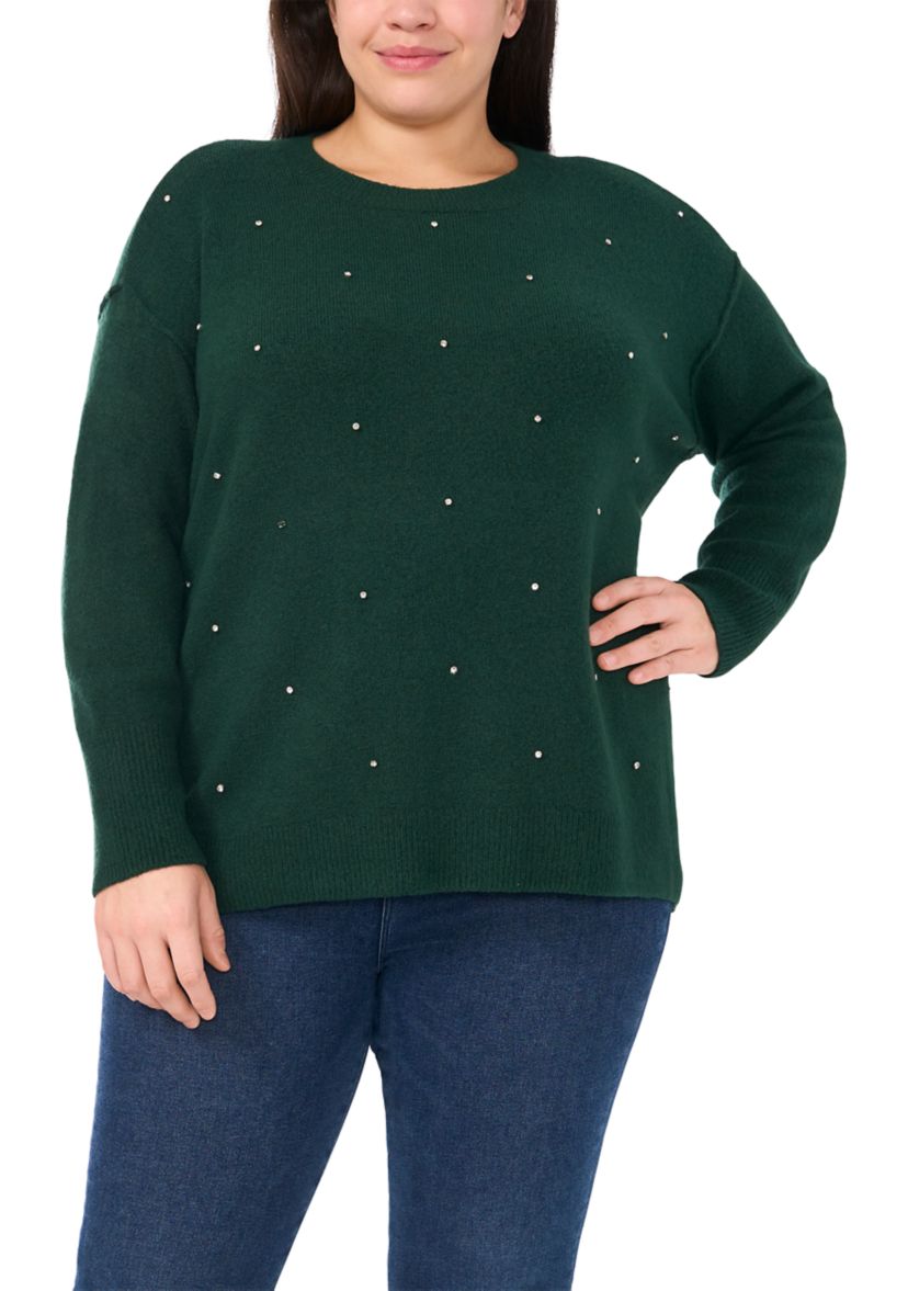 Plus Size Allover Rhinestone Crew Neck Sweater