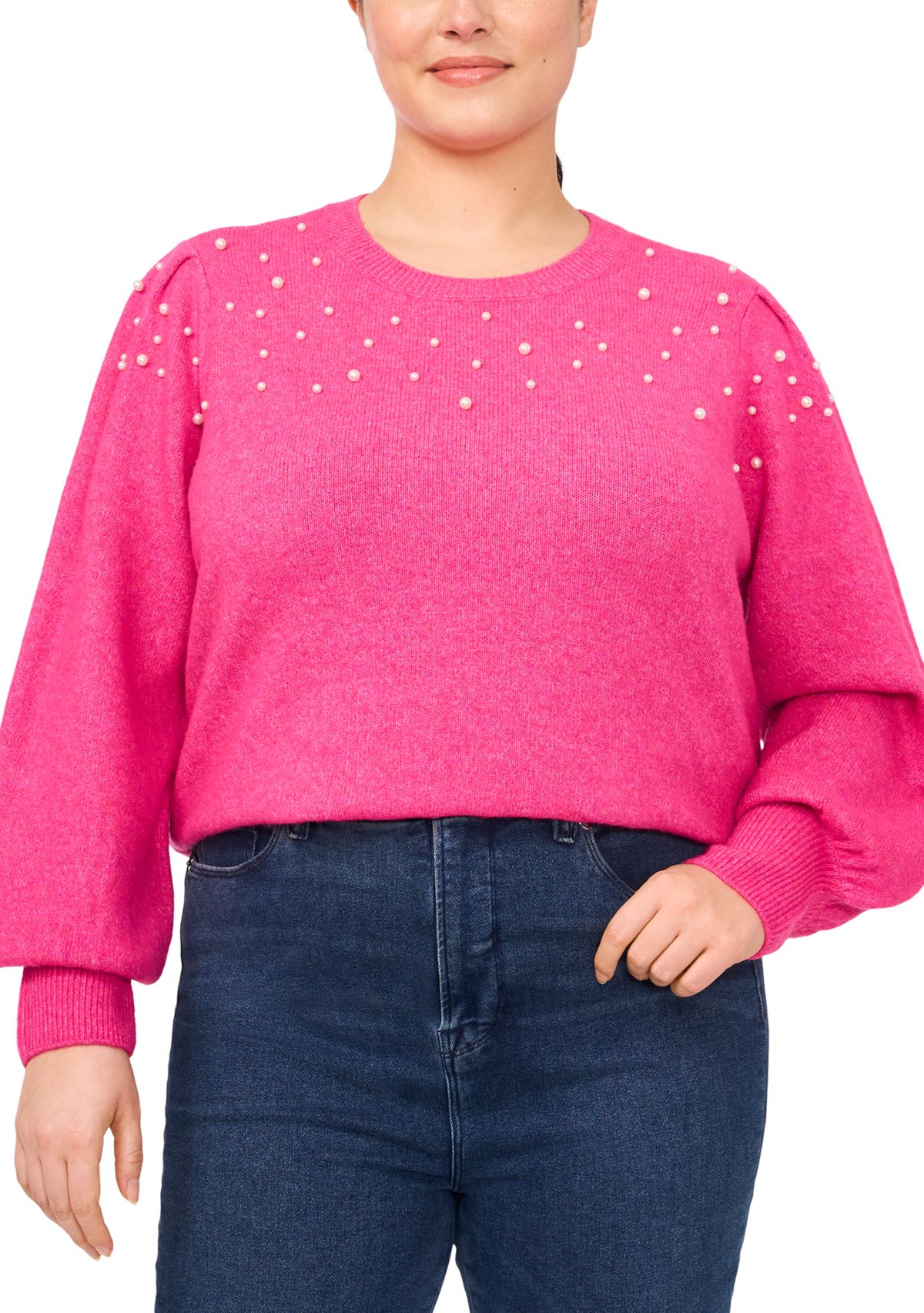 Plus Size Puff Sleeve Crew Neck Sweater with Pearls