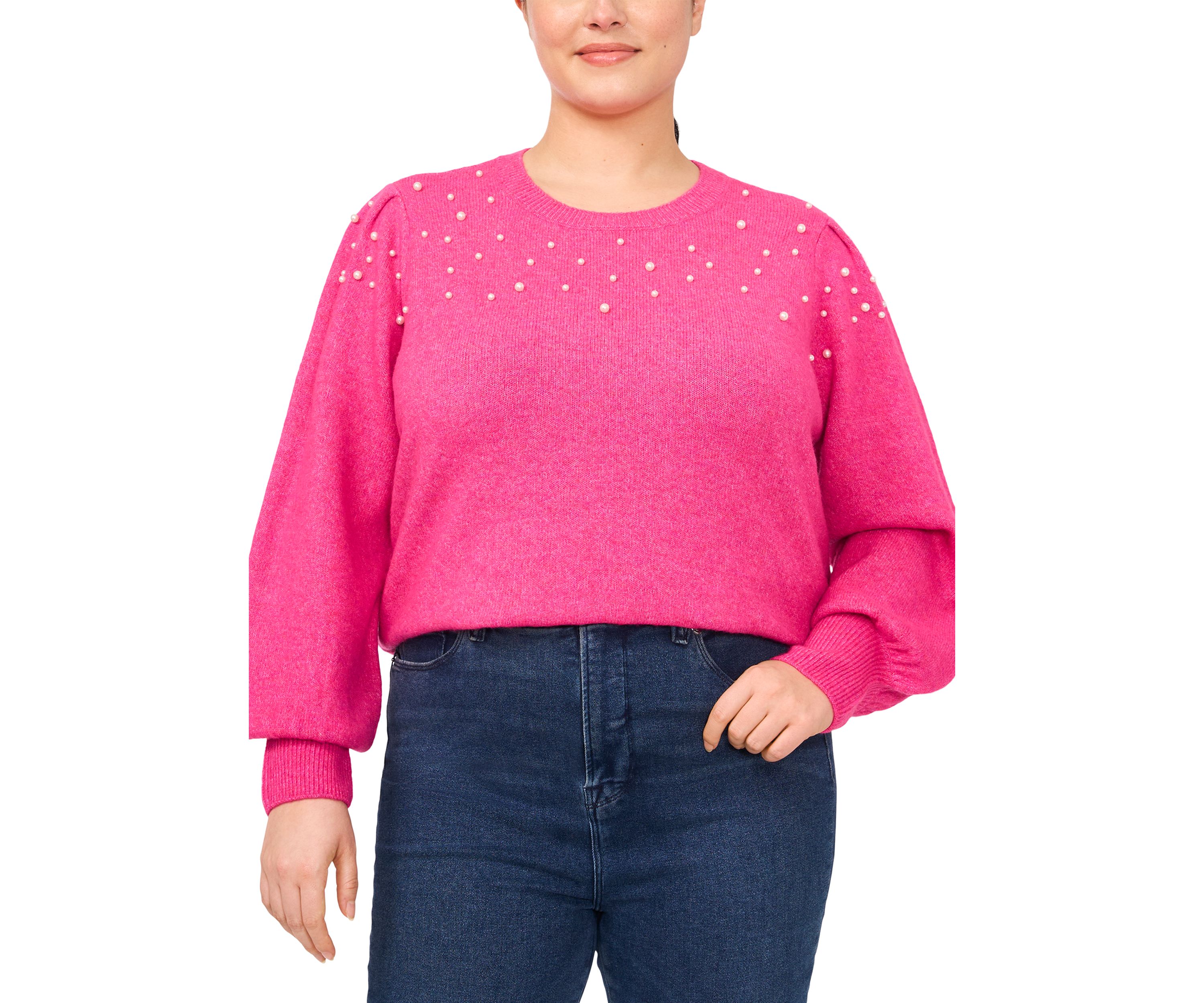 Plus Size Puff Sleeve Crew Neck Sweater with Pearls