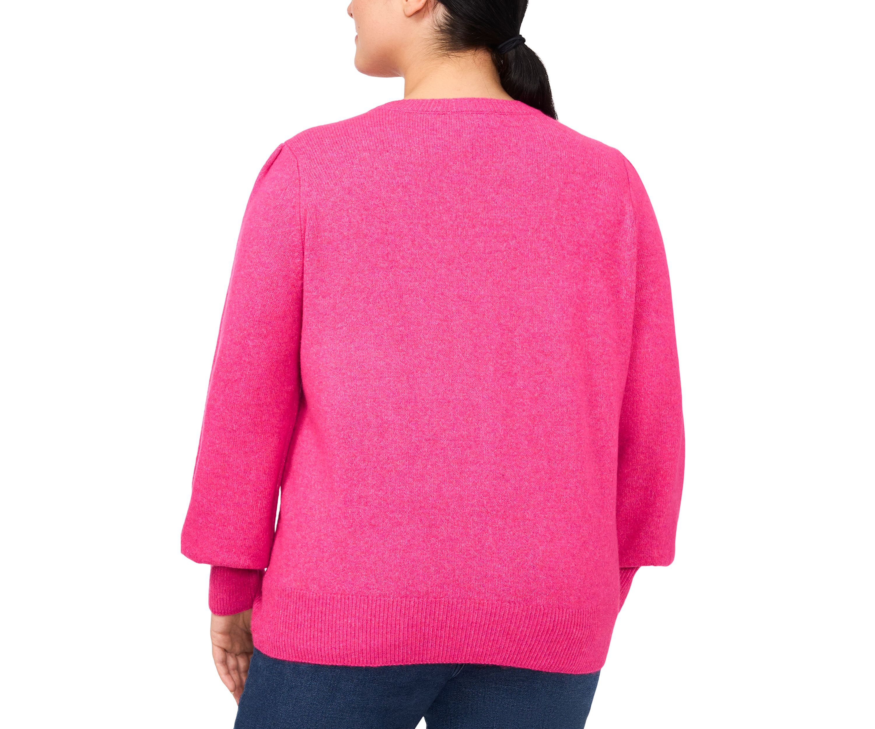 Plus Size Puff Sleeve Crew Neck Sweater with Pearls