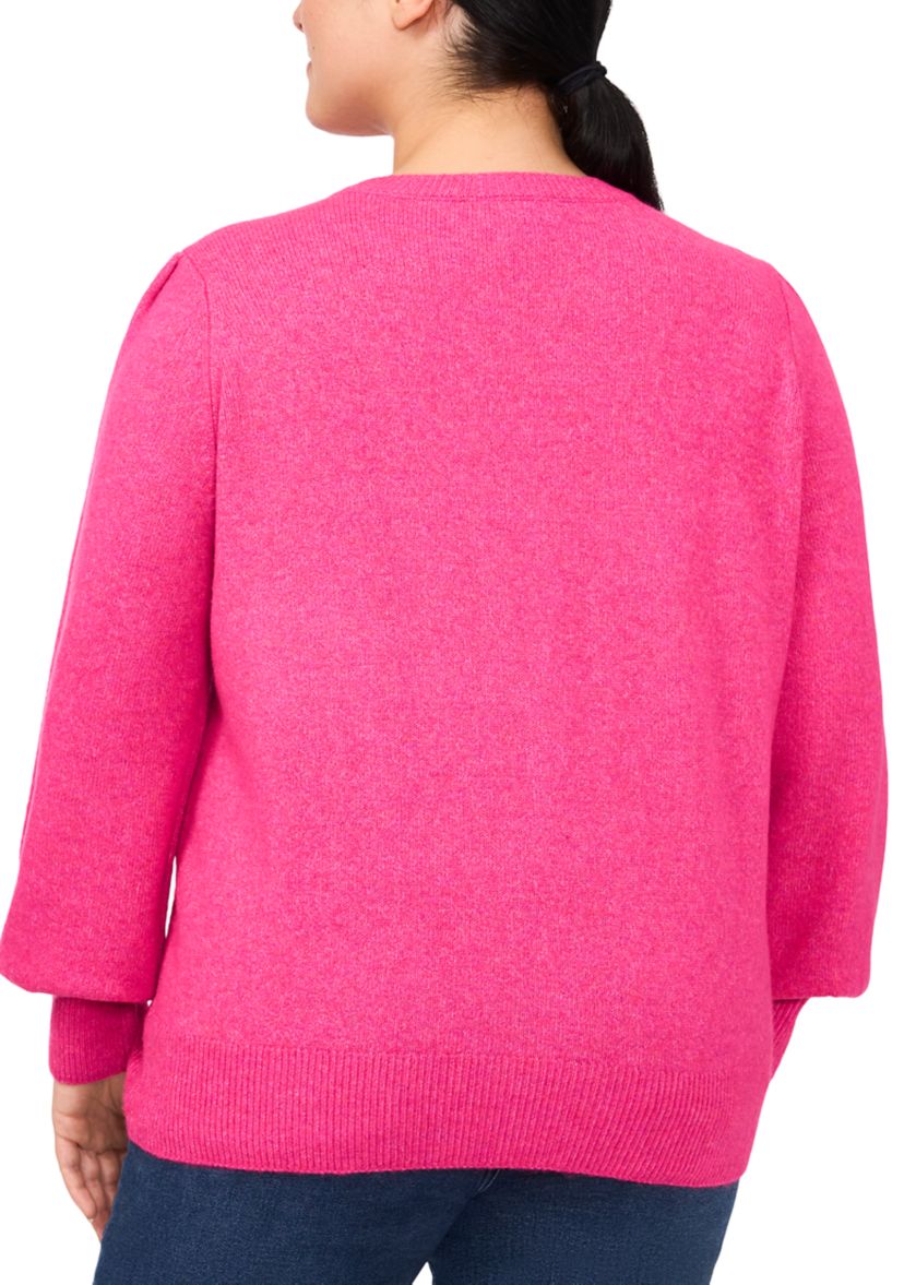 Plus Size Puff Sleeve Crew Neck Sweater with Pearls