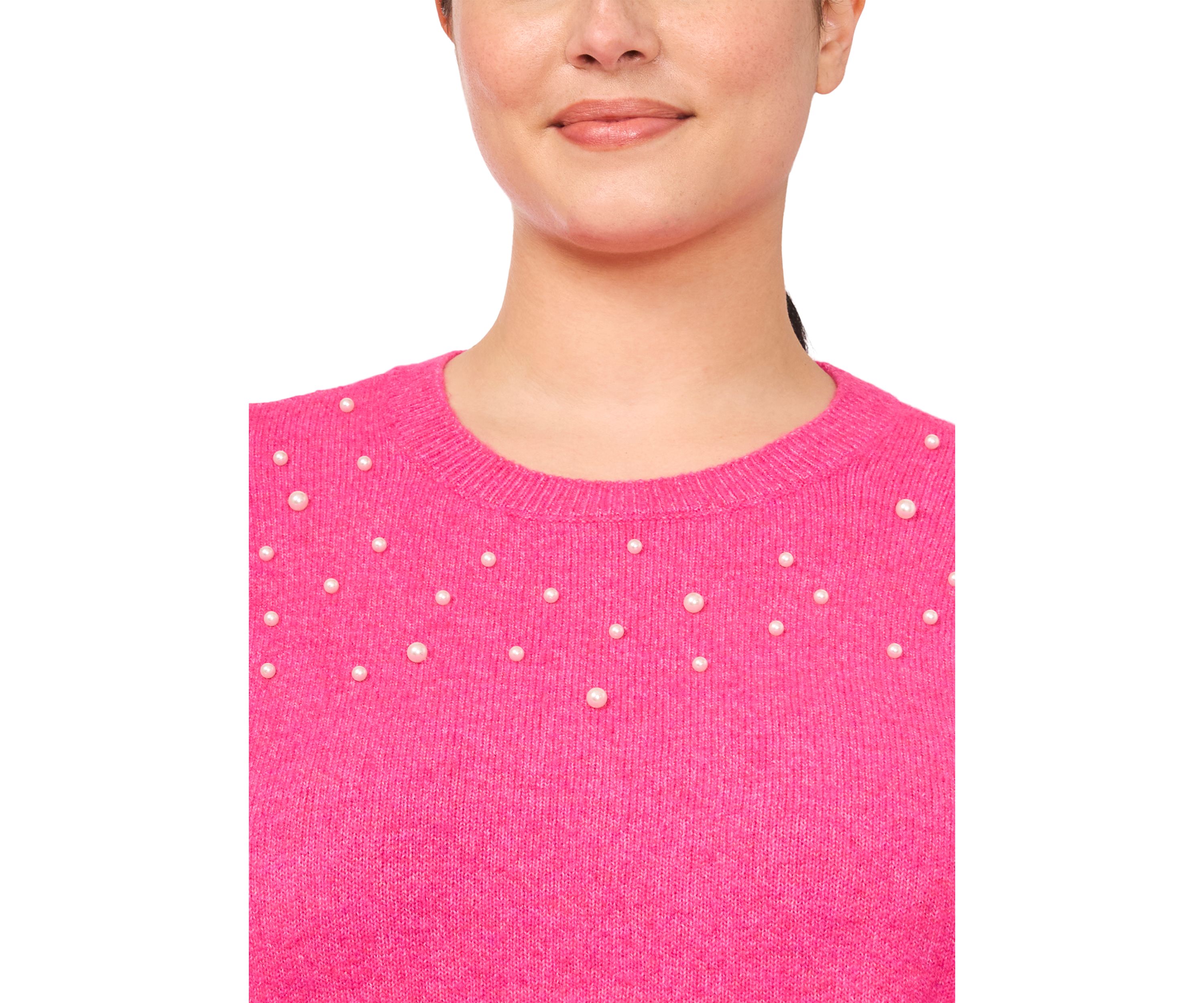 Plus Size Puff Sleeve Crew Neck Sweater with Pearls