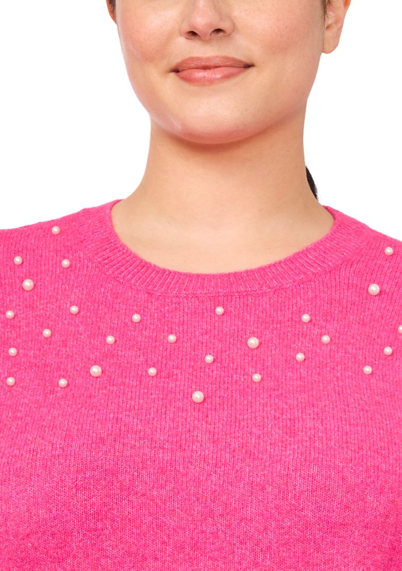 Plus Size Puff Sleeve Crew Neck Sweater with Pearls
