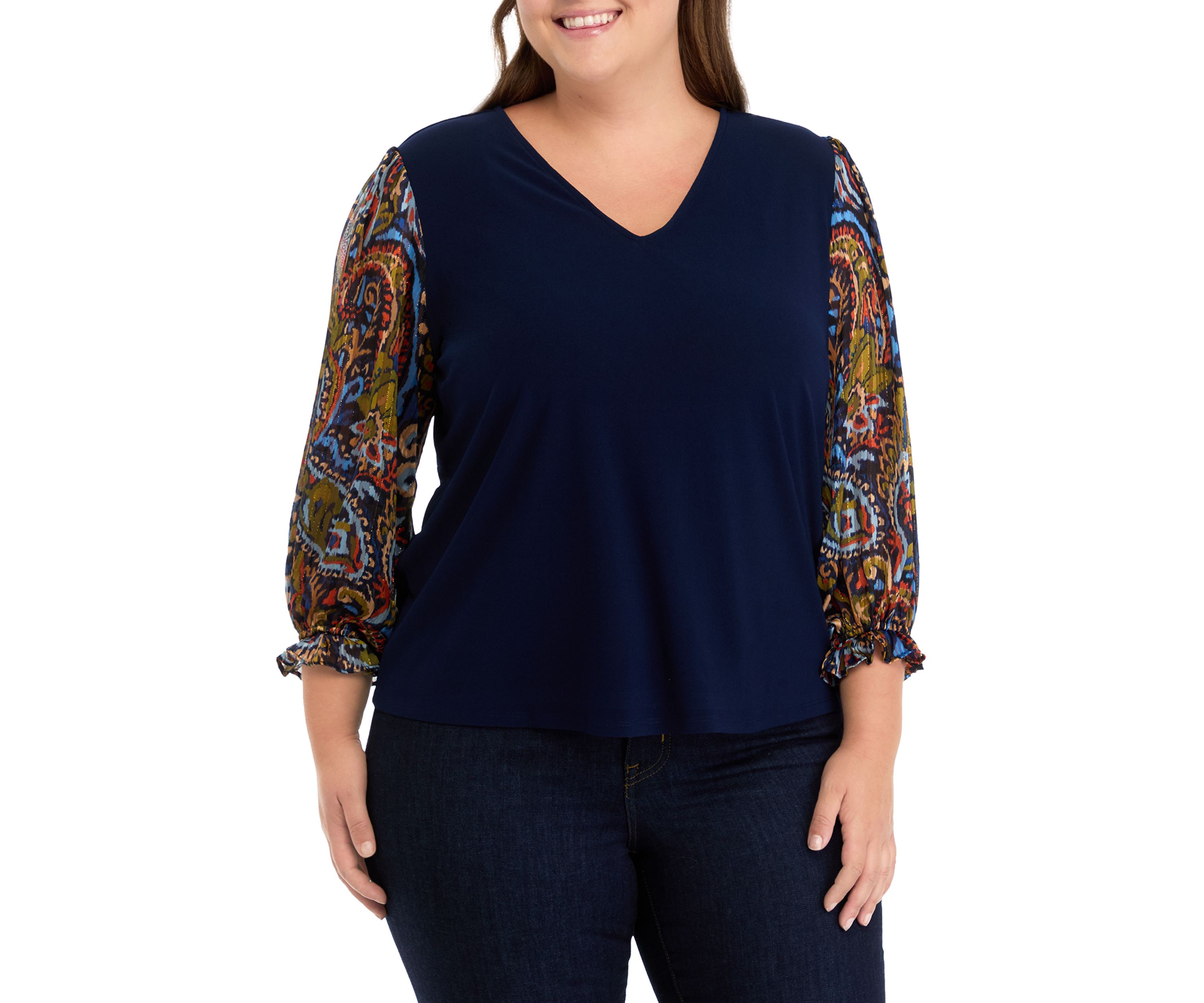 Plus Size V-Neck 3/4 Mixed Media Blouse 