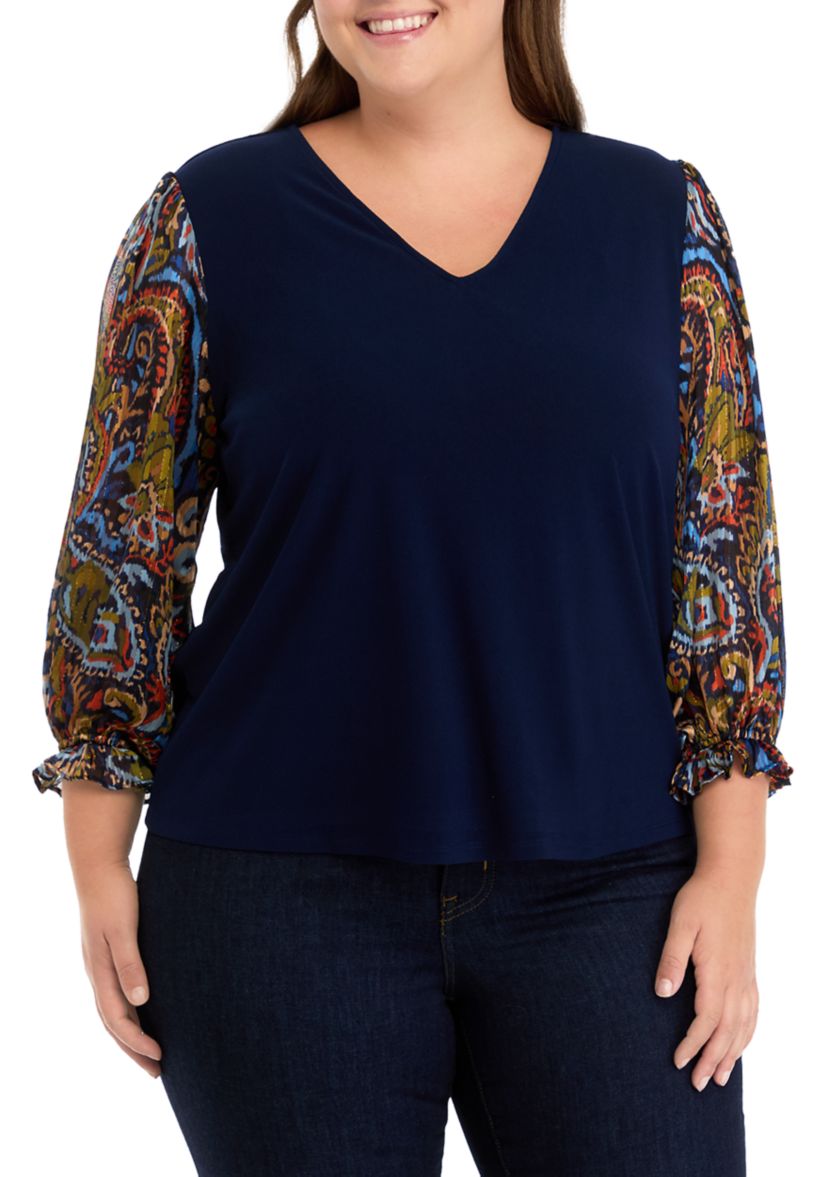 Plus Size V-Neck 3/4 Mixed Media Blouse 