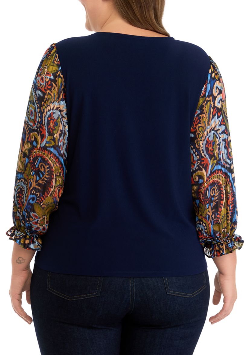 Plus Size V-Neck 3/4 Mixed Media Blouse 
