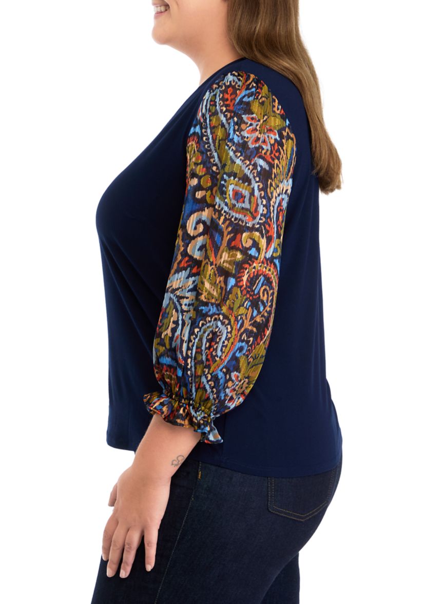 Plus Size V-Neck 3/4 Mixed Media Blouse 