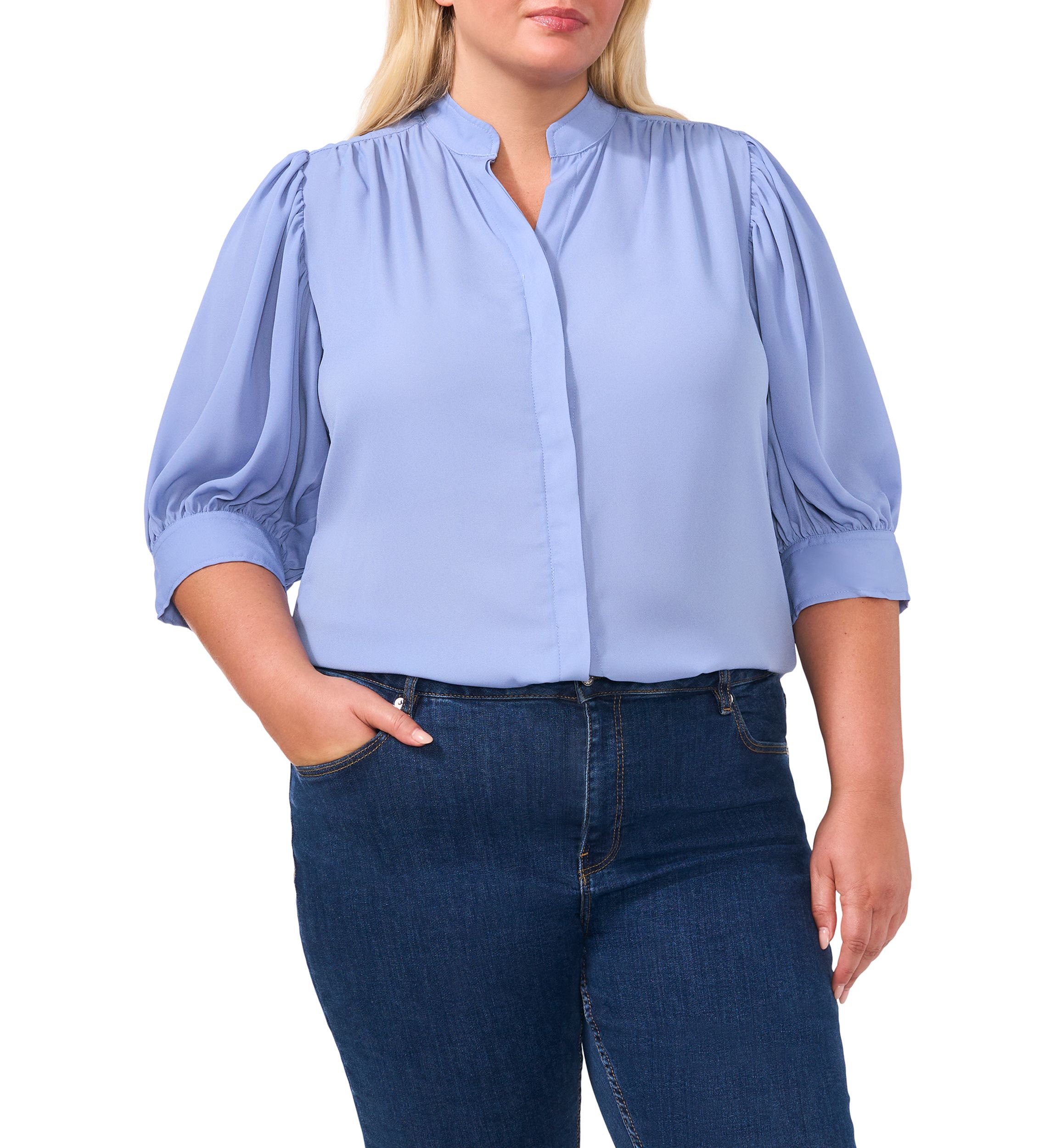 Plus Size Split Neck 3/4 Sleeve Blouse