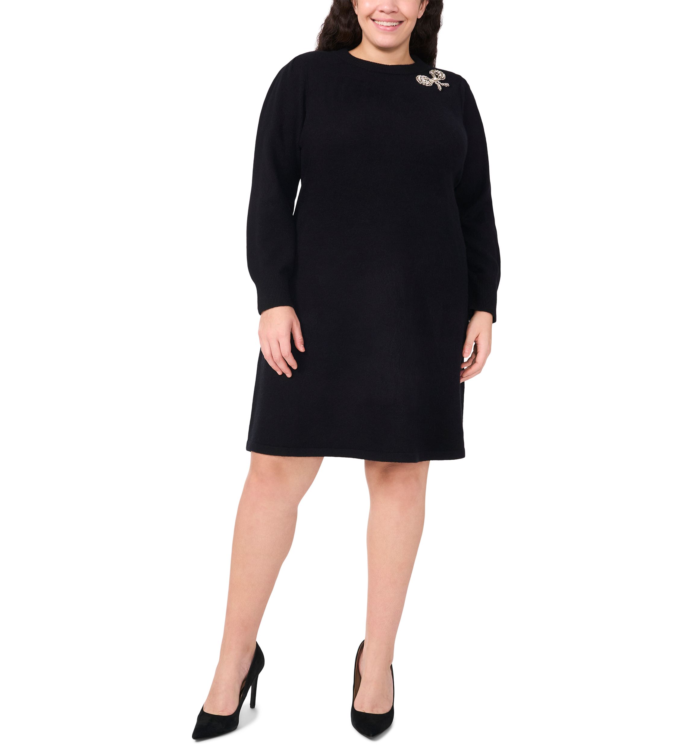 Plus Size Crew Neck Long Sleeve Bow Embellished Knit Dress 