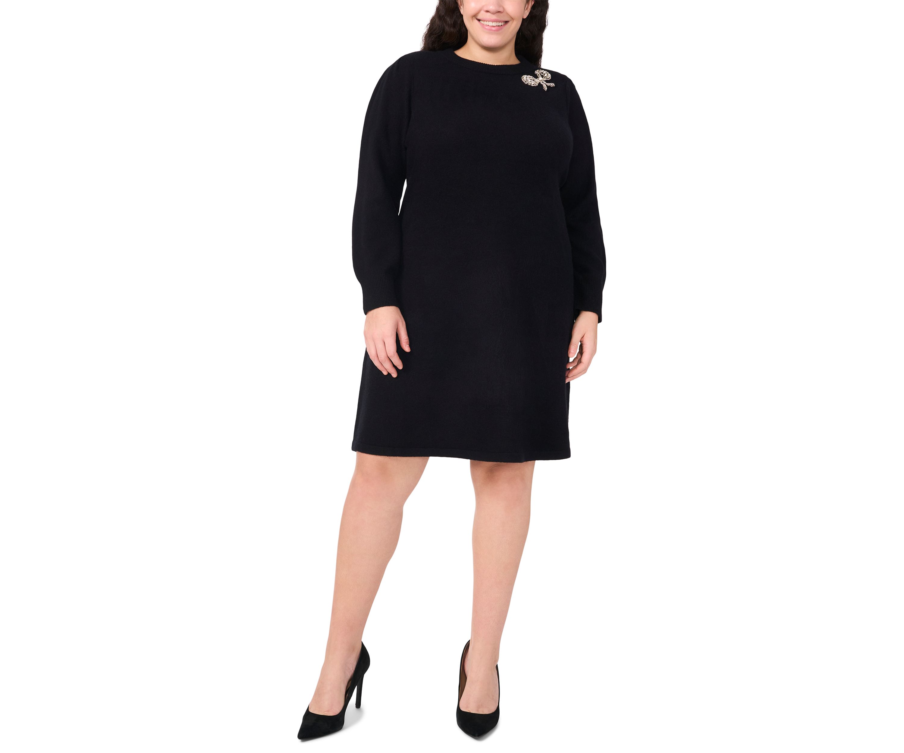 Plus Size Crew Neck Long Sleeve Bow Embellished Knit Dress 