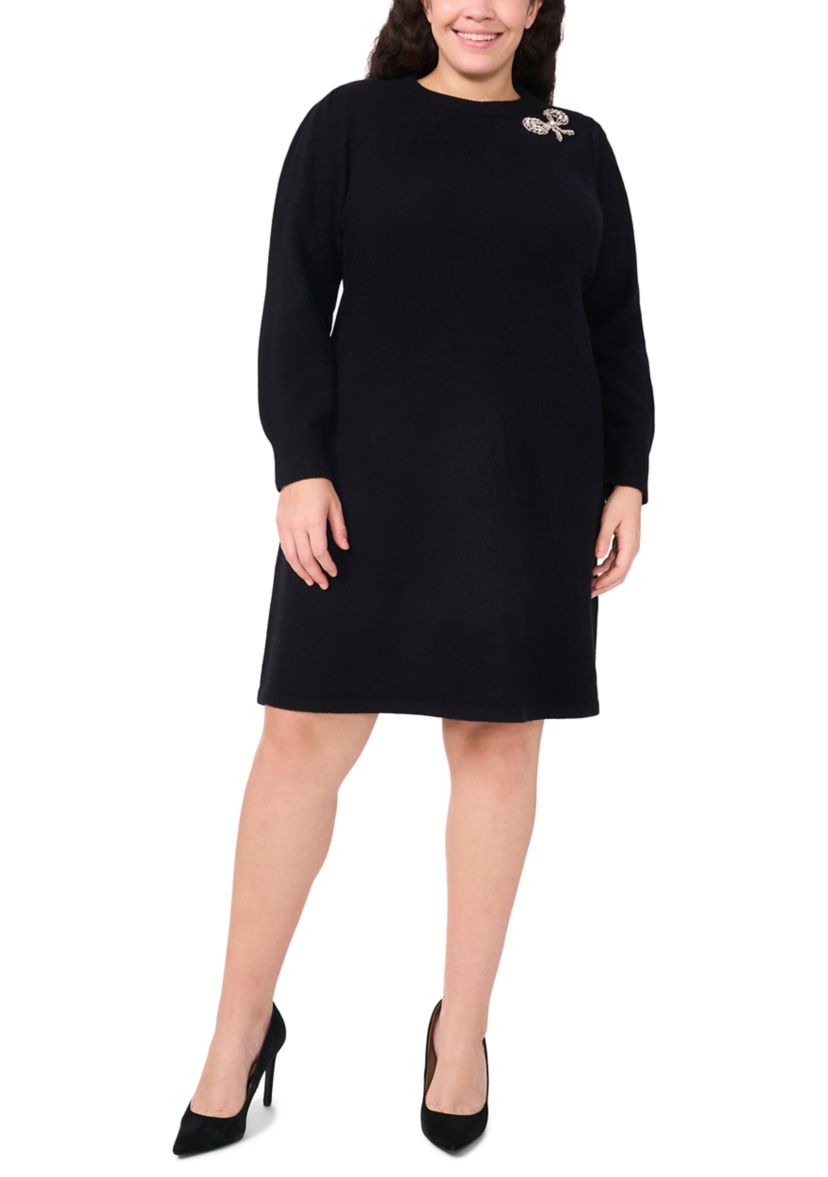 Plus Size Crew Neck Long Sleeve Bow Embellished Knit Dress 