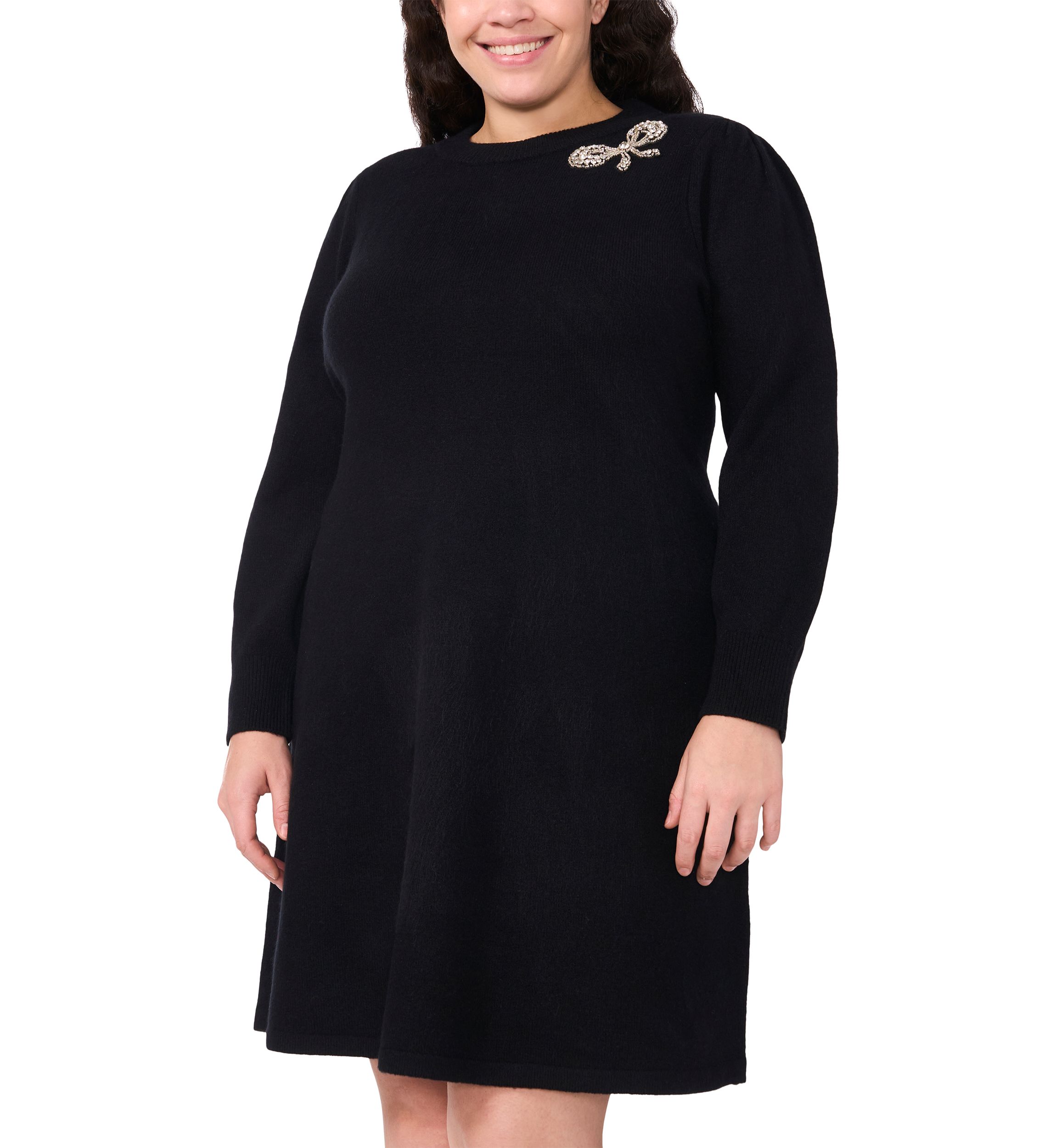 Plus Size Crew Neck Long Sleeve Bow Embellished Knit Dress 