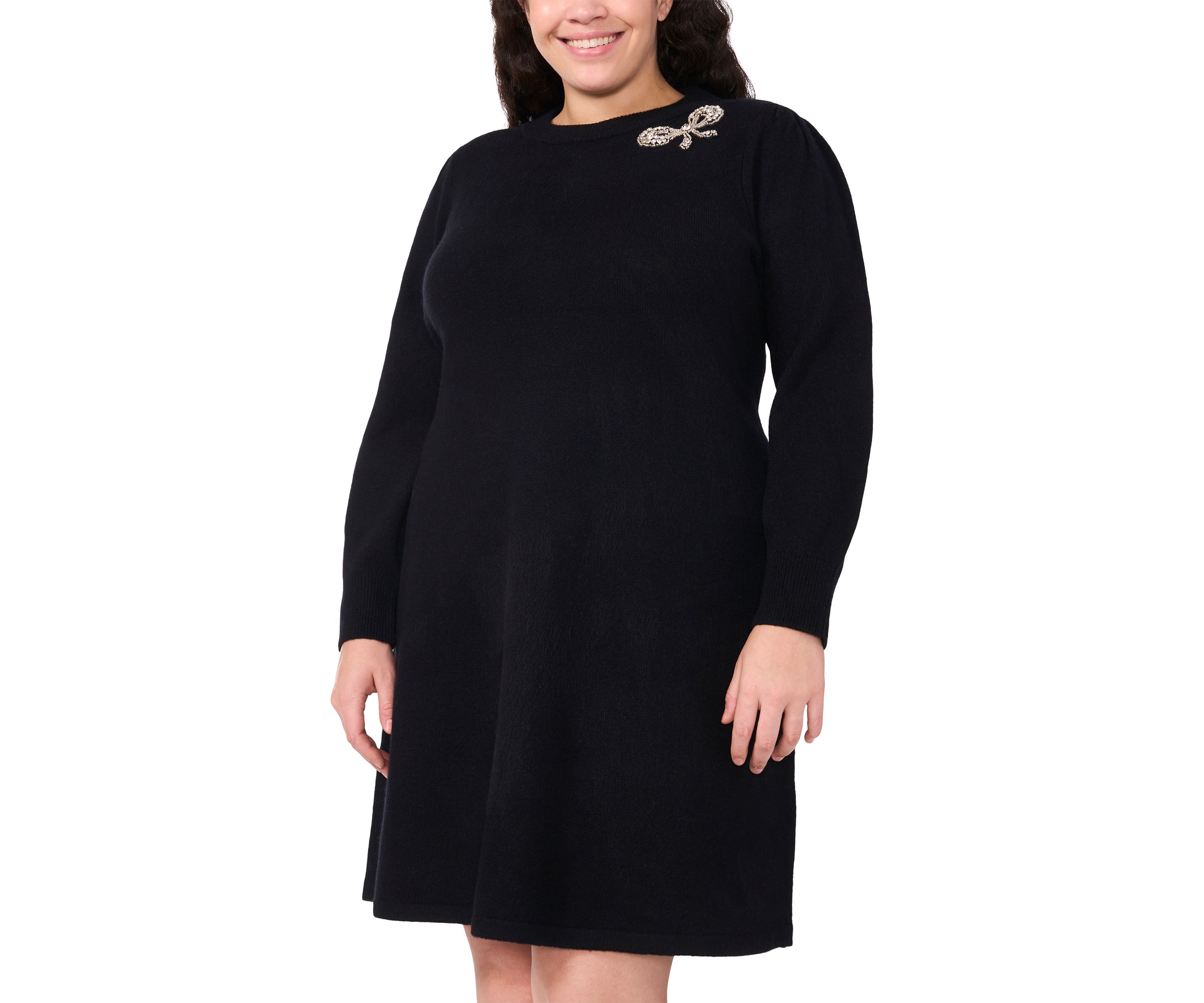 Plus Size Crew Neck Long Sleeve Bow Embellished Knit Dress 