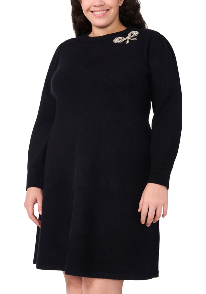Plus Size Crew Neck Long Sleeve Bow Embellished Knit Dress 