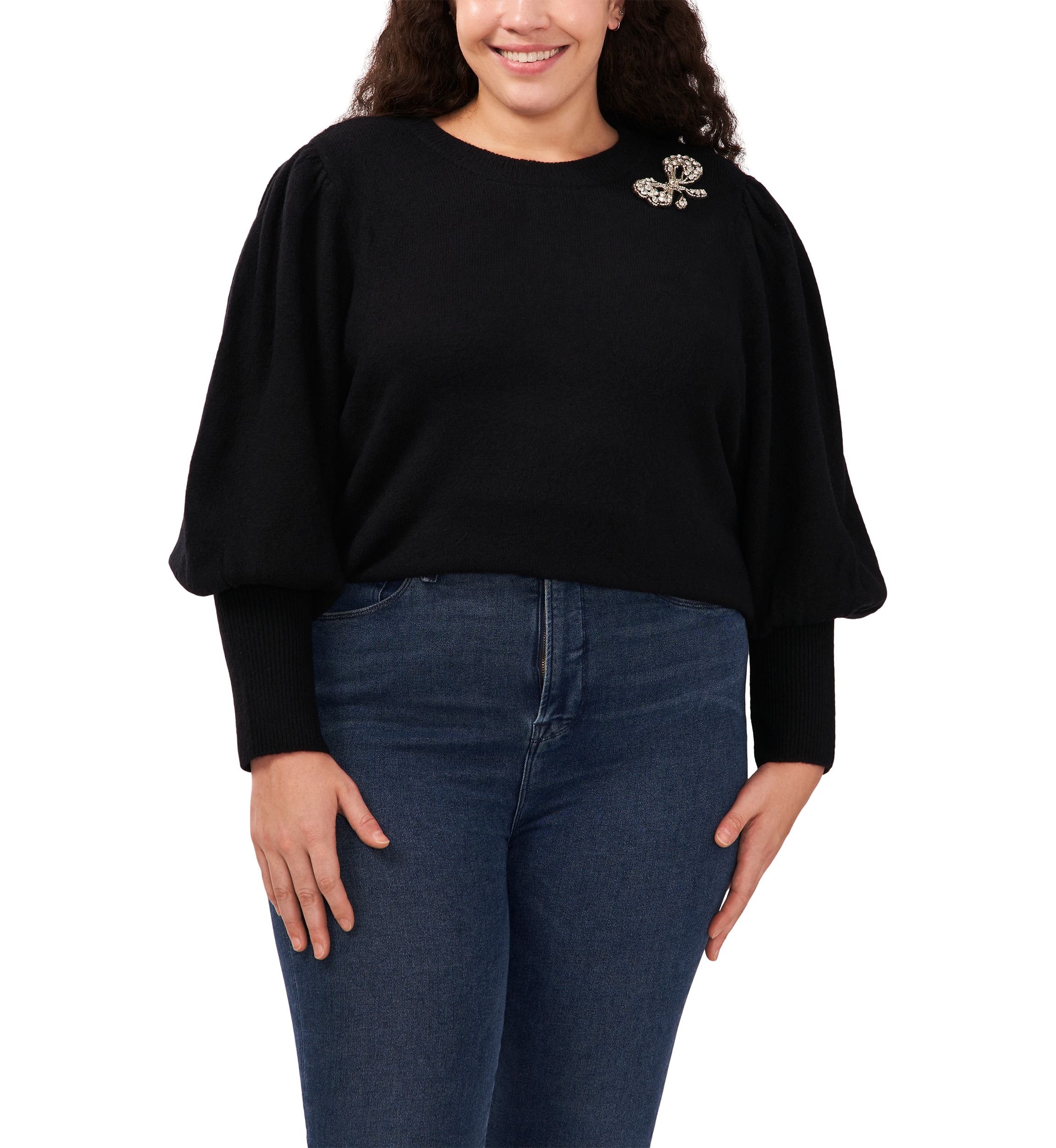 Plus Size Crew Neck Bow Embellished Sweater