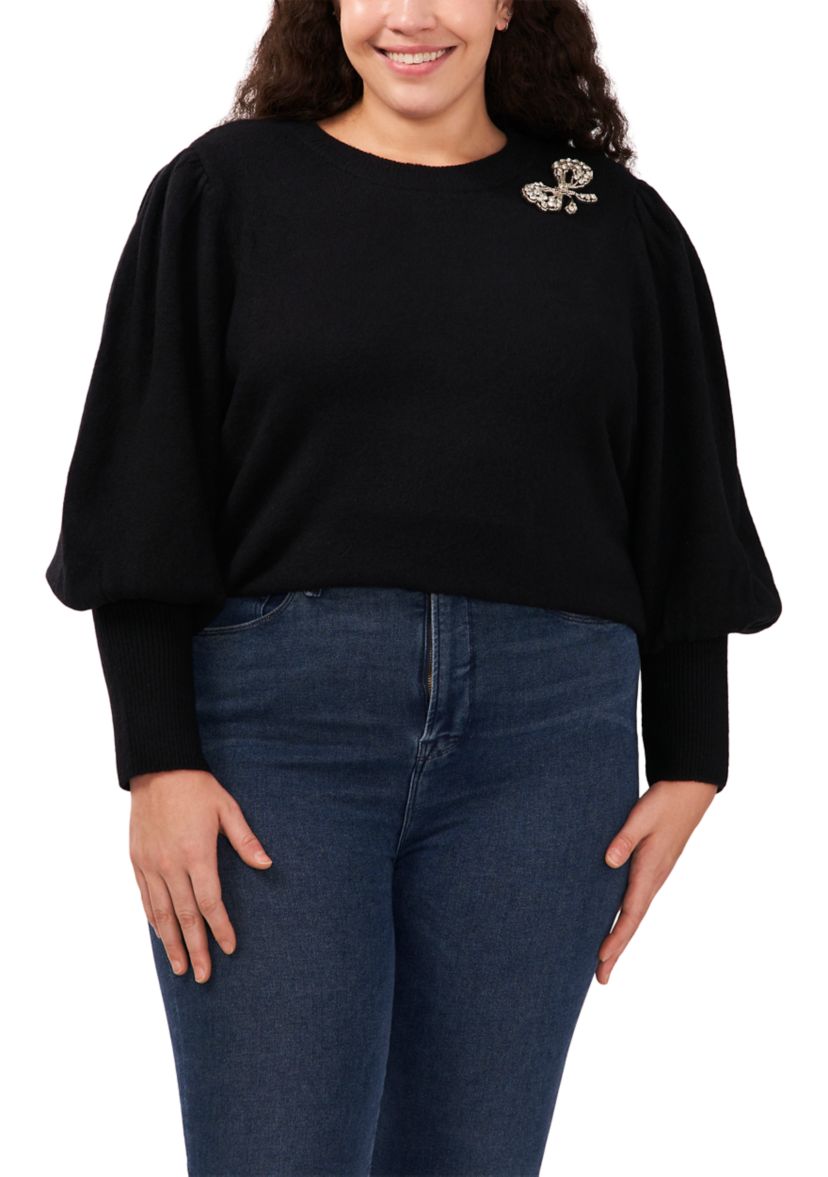Plus Size Crew Neck Bow Embellished Sweater