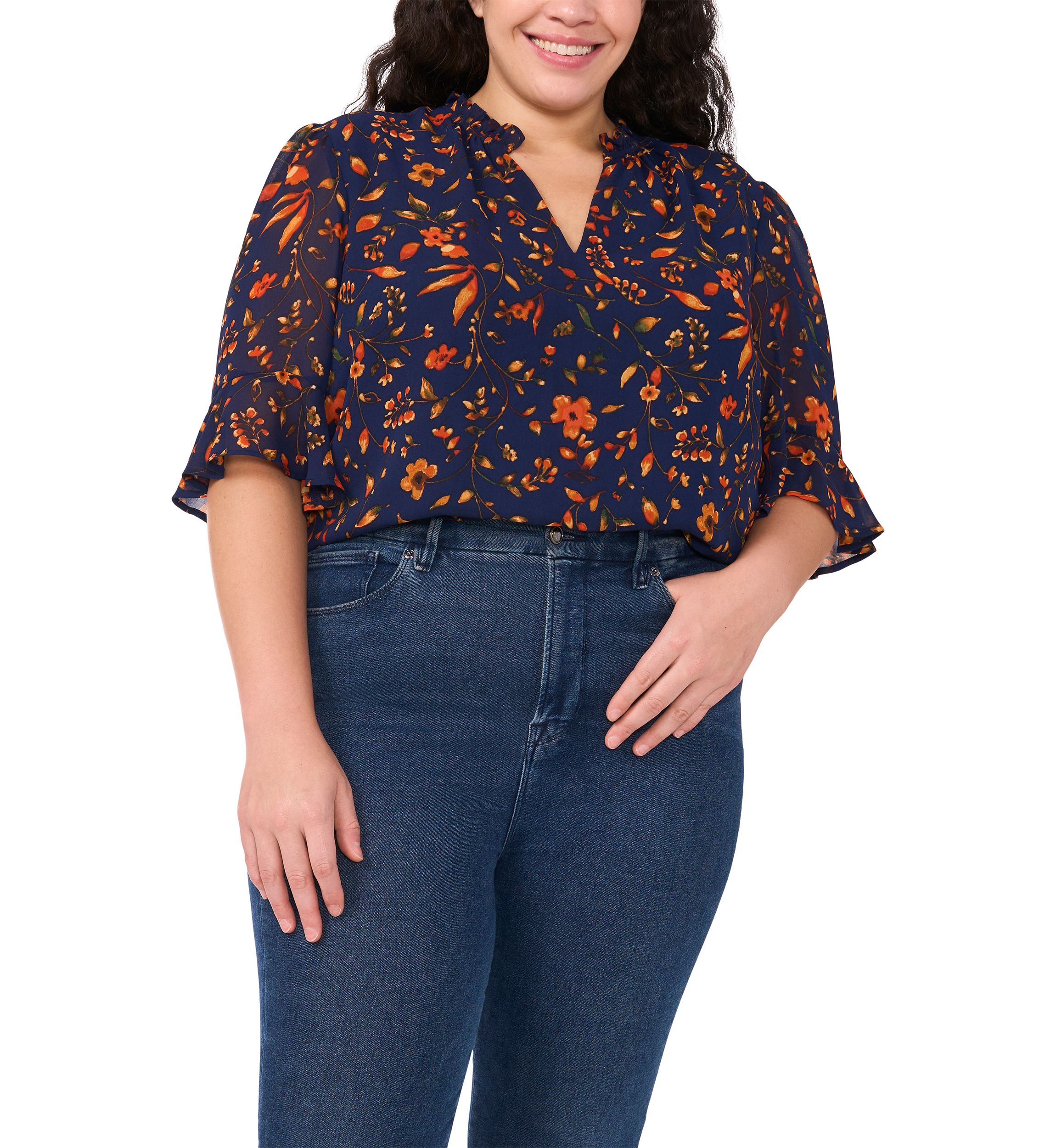 Plus Size Split Neck Ruffle Bell Sleeve Top 