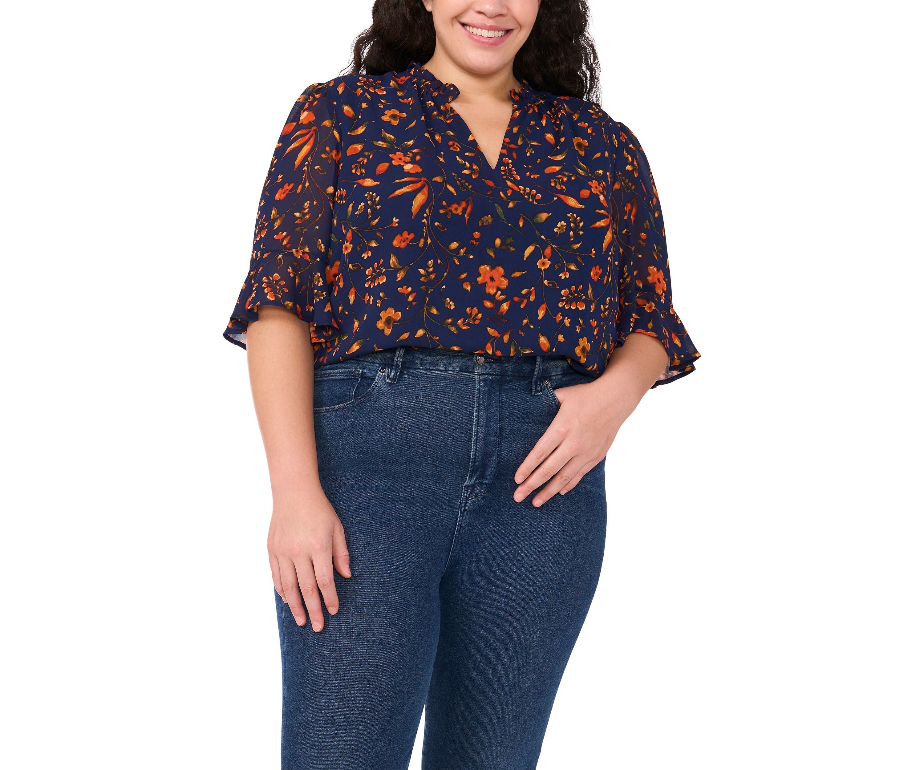 Plus Size Split Neck Ruffle Bell Sleeve Top 