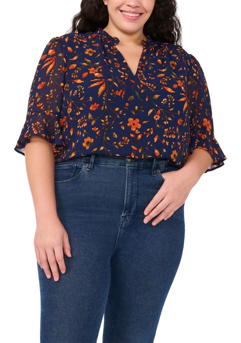 Plus Size Split Neck Ruffle Bell Sleeve Top 