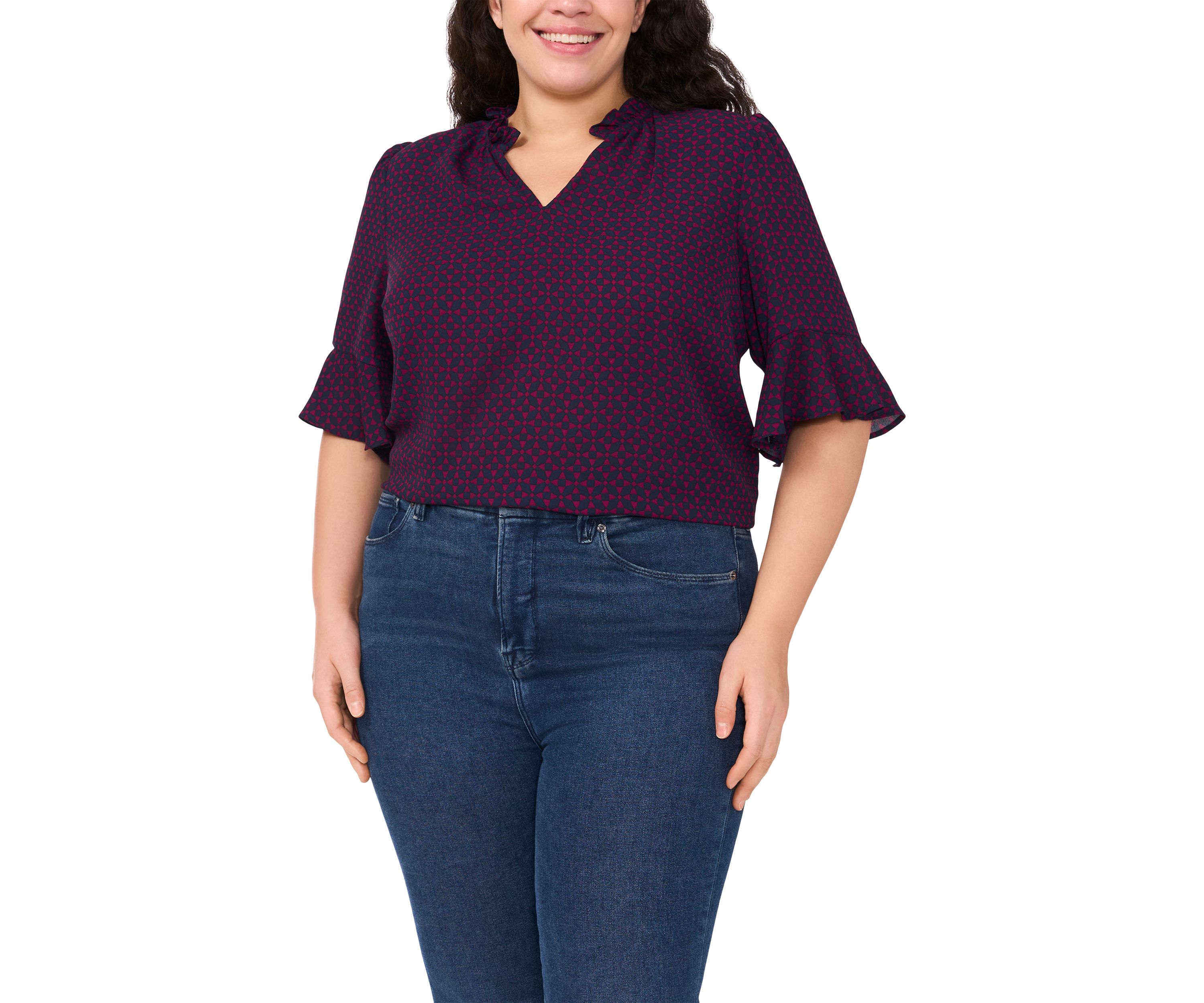 Plus Size Split Neck Ruffle Top 