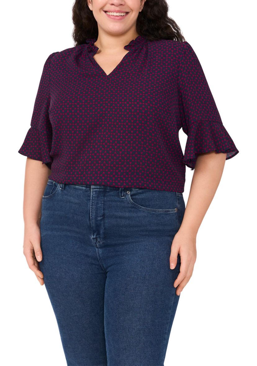 Plus Size Split Neck Ruffle Top 