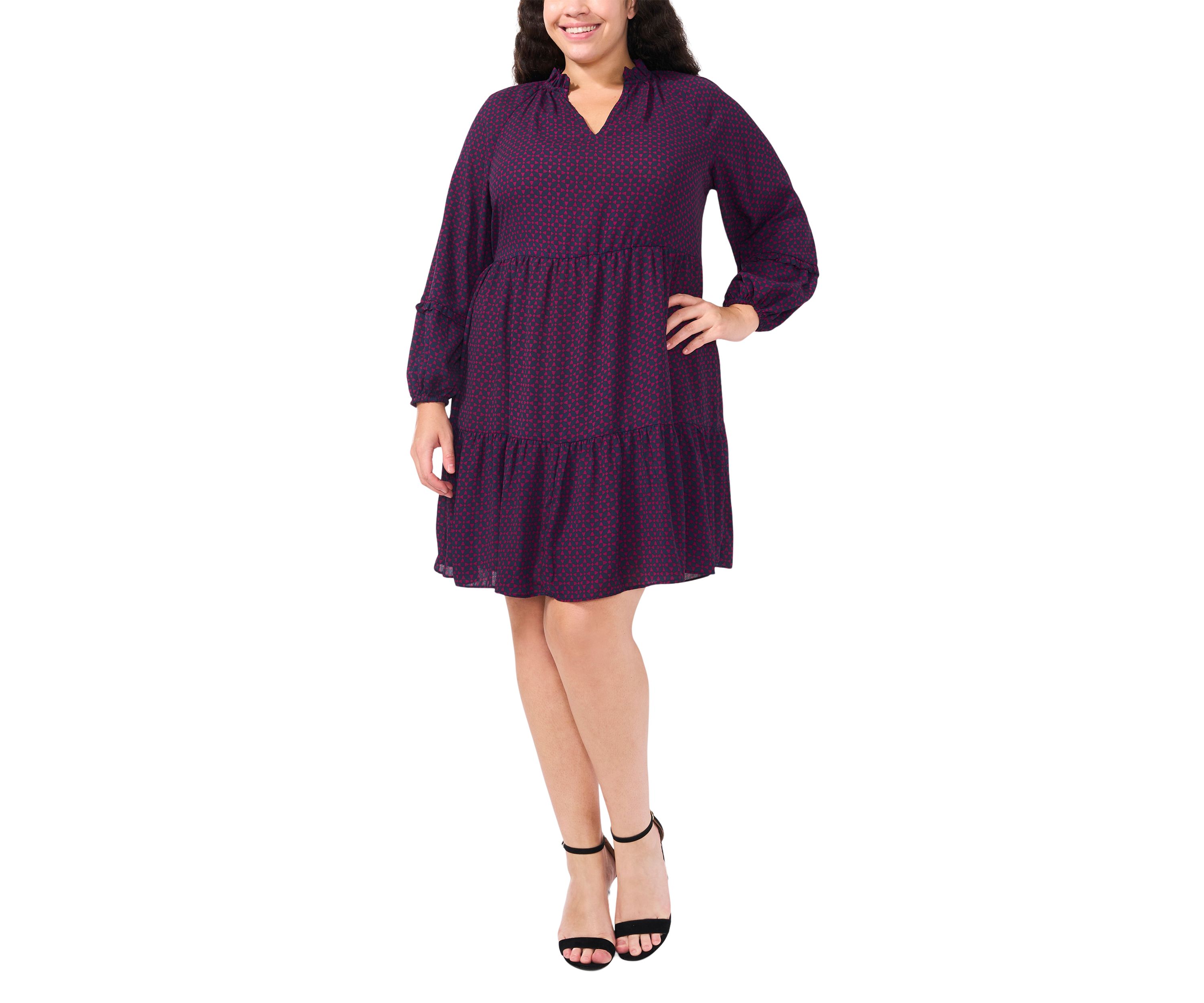Plus Size Split Neck Satin Long Sleeve Mini Dress