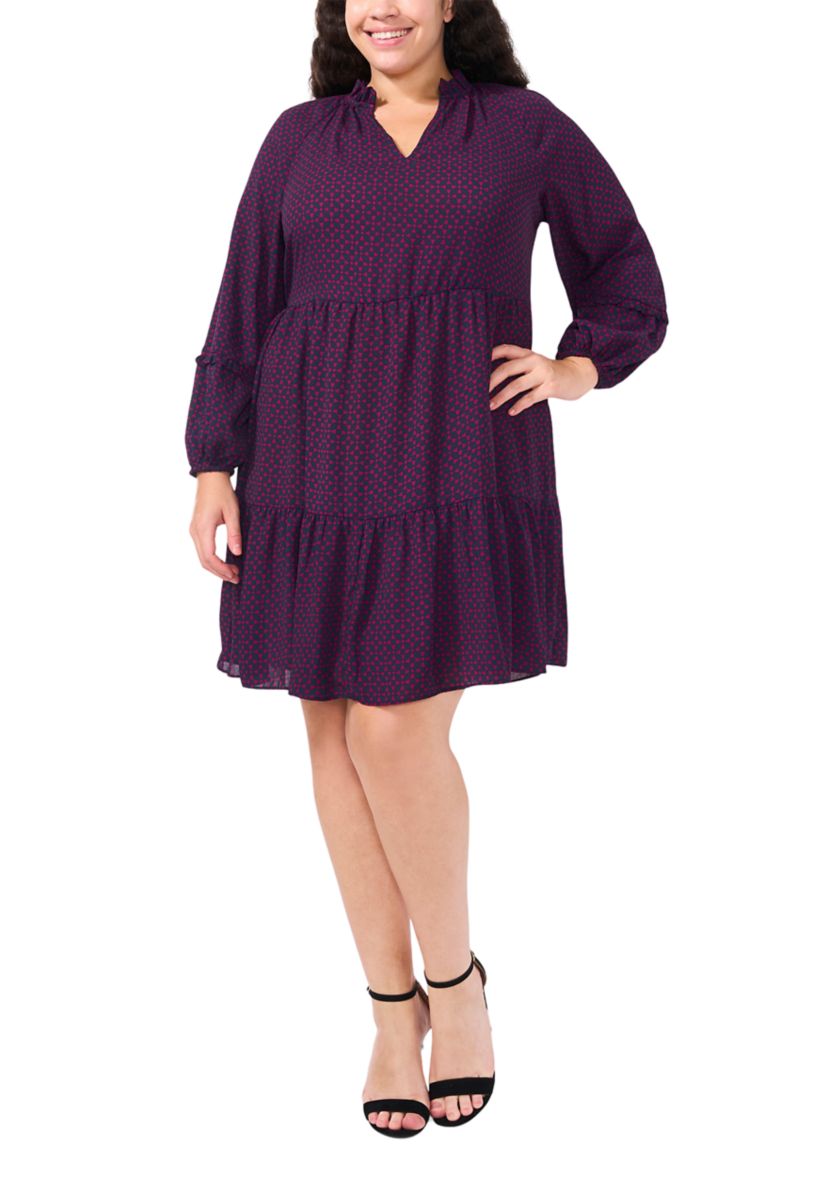 Plus Size Split Neck Satin Long Sleeve Mini Dress