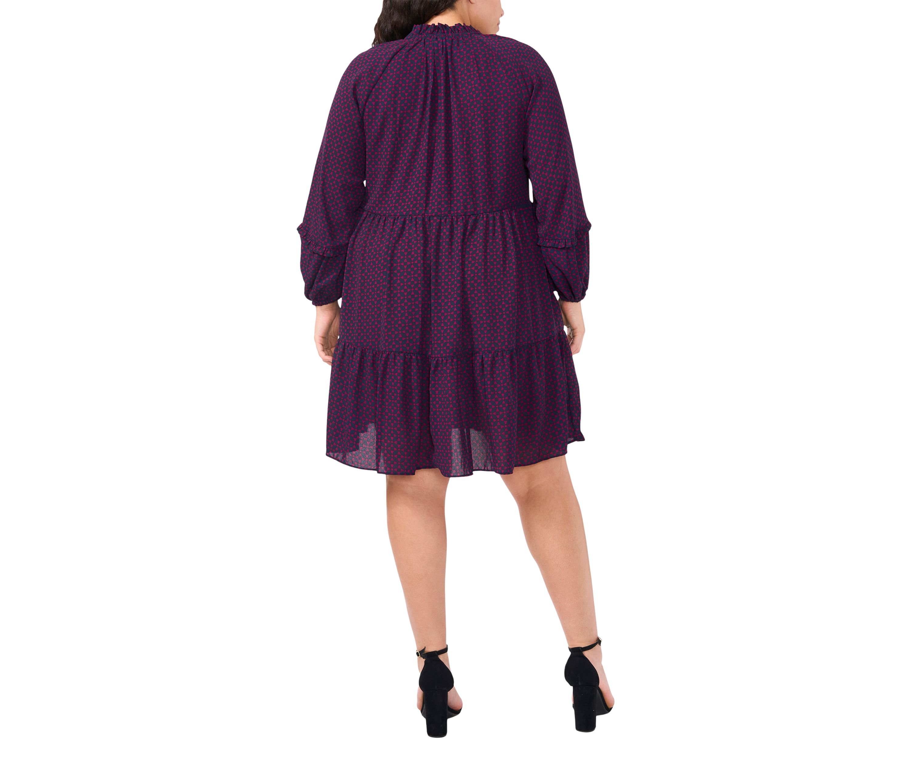 Plus Size Split Neck Satin Long Sleeve Mini Dress