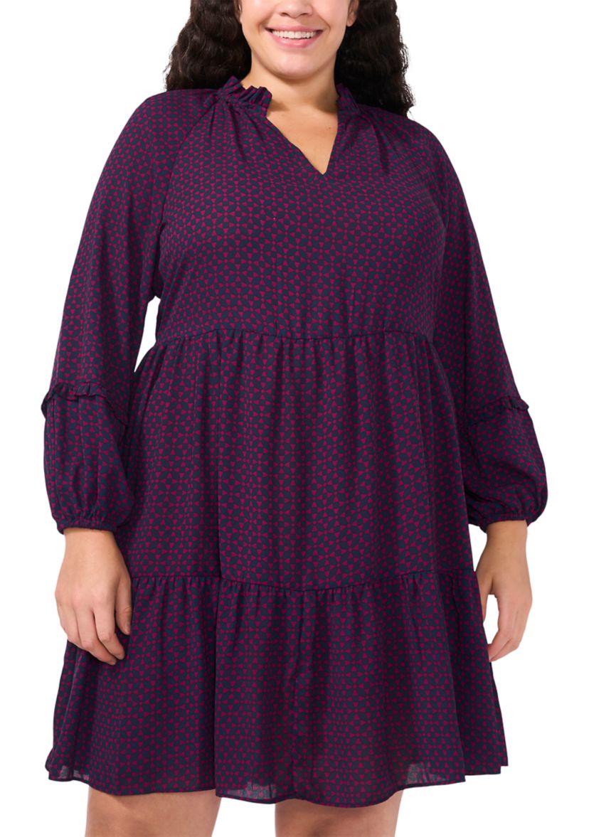 Plus Size Split Neck Satin Long Sleeve Mini Dress