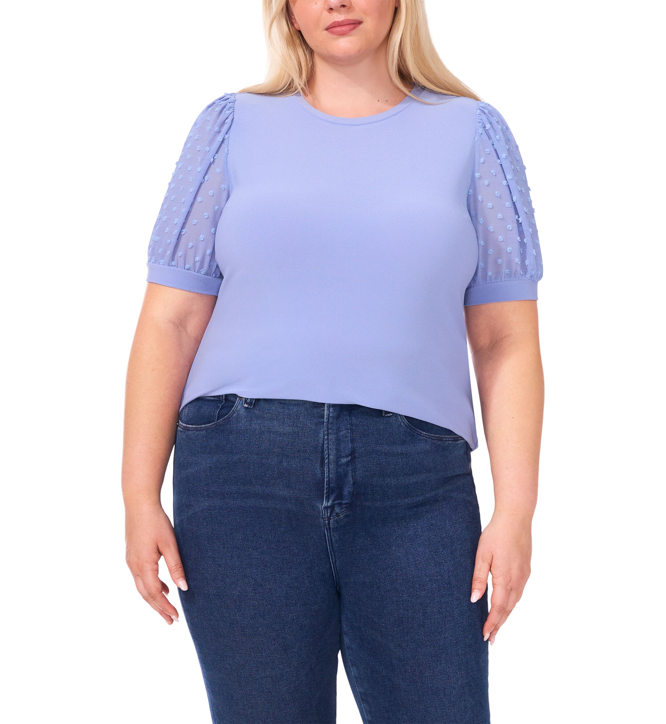 Plus Size Crew Neck Puff Sleeve Mixed Media Knit Top